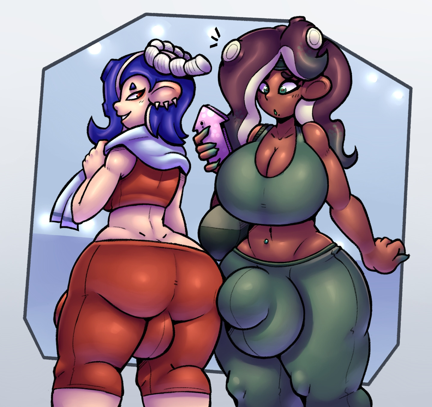 2025, 2futas, big ass, big balls, big breasts, big penis, blue hair, breasts, bulge, bulge through clothing, clothed, clothing, dark skin, dark-skinned futa, duo, dynamicfuncorner, earrings, fully clothed, futa on futa, futa only, futanari, green eyes, gym clothes, huge ass, huge breasts, humanoid, humanoid penis, light skin, light-skinned futa, marina (splatoon), nintendo, octoling, octoling girl, orange eyes, pale skin, pale-skinned futa, penis under clothes, shiver (splatoon), splatoon, splatoon (series), splatoon 2, splatoon 3, tagme, tentacle hair, yuri