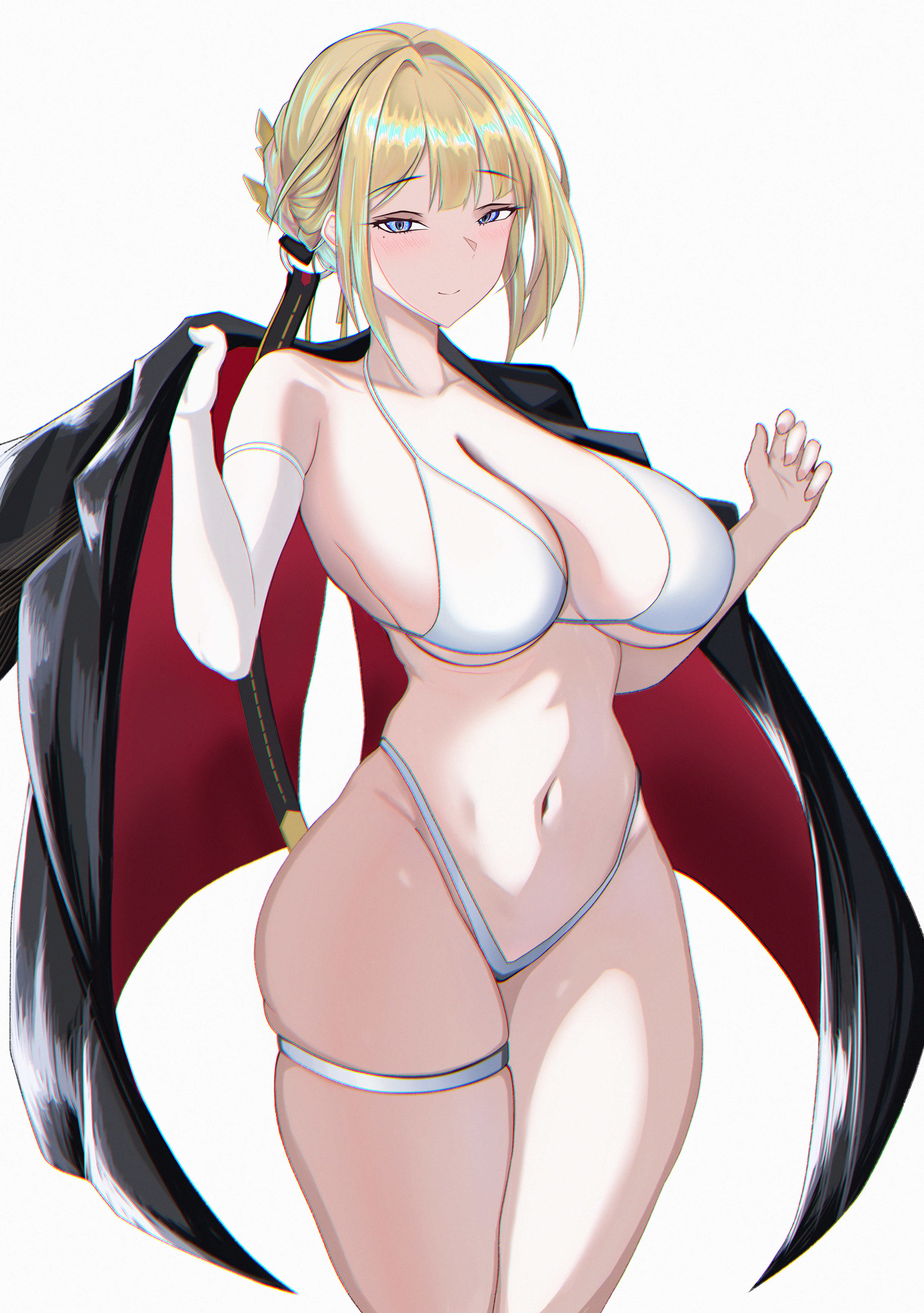 absurdres, bikini, black jacket, blonde hair, blush, braid, braided bun, breasts, cabbage ex, chromatic aberration, cleavage, clenched hand, closed mouth, collarbone, commentary, cowboy shot, earrings, elbow gloves, evelyn chevalier, female, fingernails, gloves, grey background, groin, hair bun, halterneck, hands up, highres, holding, holding jacket, holding unworn clothes, jacket, jacket on shoulders, jewelry, large breasts, looking at viewer, mole, mole under eye, navel, purple eyes, ring hair ornament, short hair, simple background, single bare shoulder, single earring, single elbow glove, single hair bun, skindentation, smile, solo, standing, stomach, string bikini, swimsuit, thigh strap, two-sided fabric, two-sided jacket, underboob, unworn jacket, variant set, white background, white bikini, white gloves, zenless zone zero