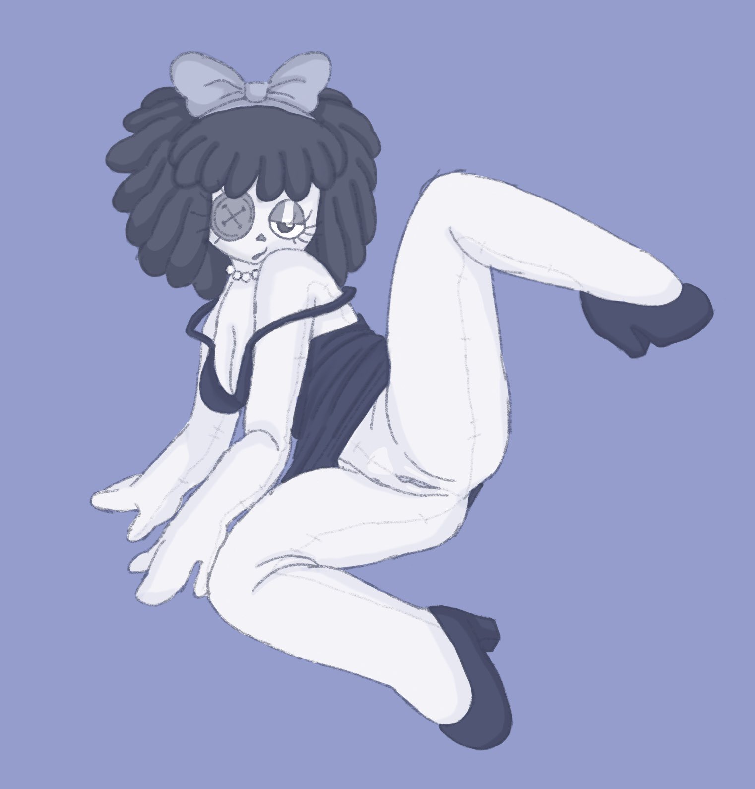 1girls, 2026, bedroom eyes, black dress, bottomless, bottomless female, bow, button eye, doll girl, dress strap slip, glitch productions, gooseworx, high heels, legs spread, looking at viewer, monochrome, pearl necklace, pussy, ragatha, ragatha (pub outfit), ragatha (tadc), ragatha (the amazing digital circus), ragdoll, solo female, sprinklepie, tagme, the amazing digital circus