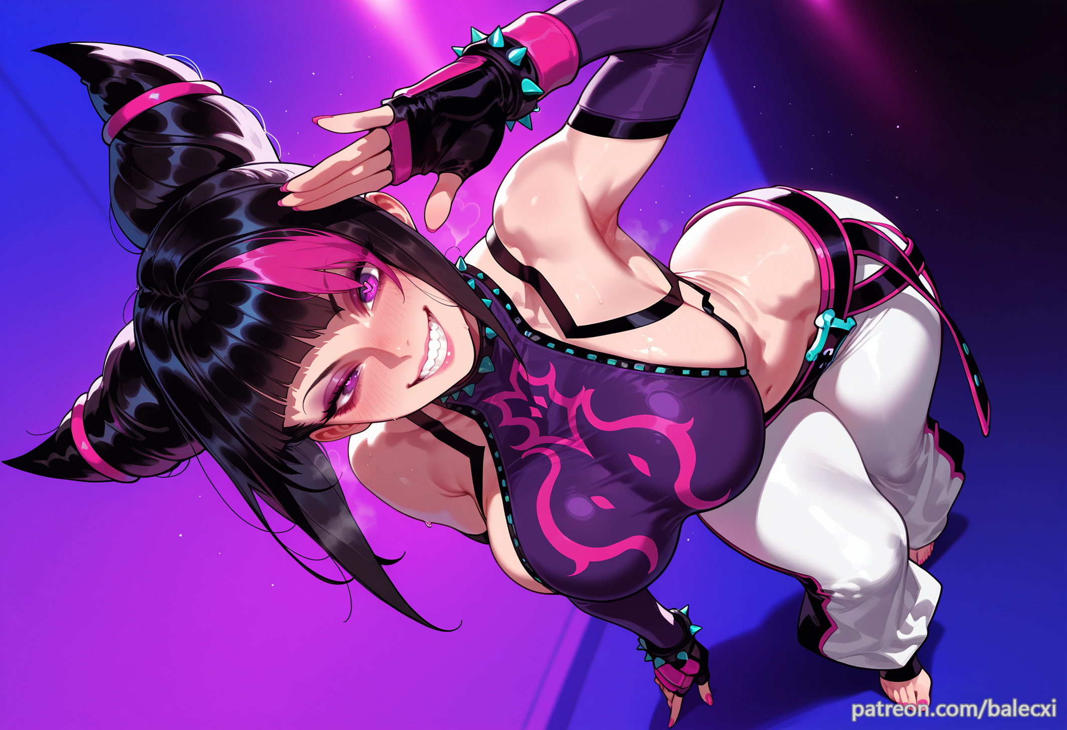 ai generated, balecxi, black hair, female, fingerless gloves, gloves, grin, hair horns, jewelry, juri han, large breasts, looking at viewer, multicolored hair, navel, patreon username, purple eyes, smile, solo, spiked bracelet, spikes, street fighter, street fighter 6, teeth