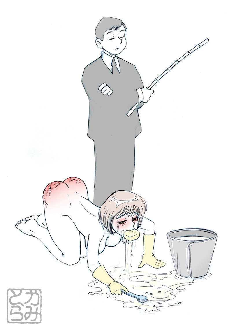 1boy 1girls all_fours brown_hair cane cleaning cleaning_brush crying female female_focus femsub housework humiliation kamitora male maledom monochrome mouthsoaping nude partially_colored punishment red_ass slave spanked tears