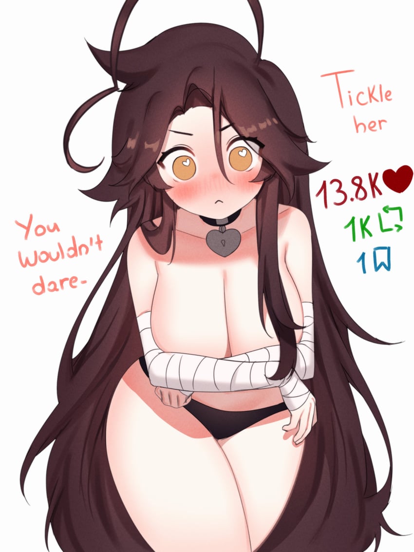 1girls, ahoge, amber eyes, bandaged arms, blush, breasts, brown hair, collar, covering breasts, female focus, female only, large breasts, long hair, looking at viewer, no bra, panties, sky (skyaboveme), skyaboveme, solo, solo female, thighs, virtual youtuber