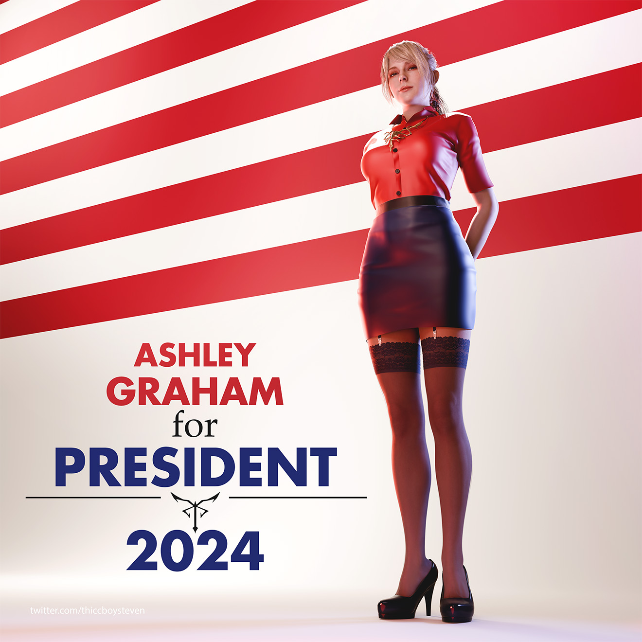 3d, 3d (artwork), ashley graham, ashley graham (ella freya), back view, big ass, blonde hair, busty, dress shirt, female, female focus, female only, garter straps, high heels, hourglass figure, nylons, political, politician, politics, ponytail, president, resident evil, resident evil 4, resident evil 4 remake, skirt, stockings, thiccboysteven, tight clothing, wide hips