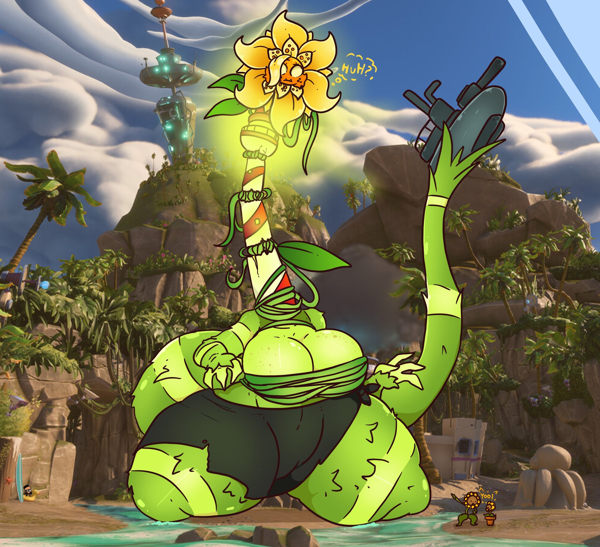 2d, 2d (artwork), 2d artwork, big breasts, big thighs, chest tuft, dinosaur, dj arts, fat ass, flower, fluffy, fluffy tail, freckles, freckles on ass, glowing, glowing body, glowing breasts, glowing eyes, green skin, huge ass, huge breasts, huge butt, huge thighs, lighthouse, muscular, muscular female, mushroom toppin, plant, plant girl, plantie, plants vs zombies, plants vs zombies: battle for neighborville, plants vs zombies: garden warfare, primal sunflower (pvz), revealing clothes, sunflower (pvz), sunflower queen (pvz), sunny (dj arts), tail, thighs, yellow hair