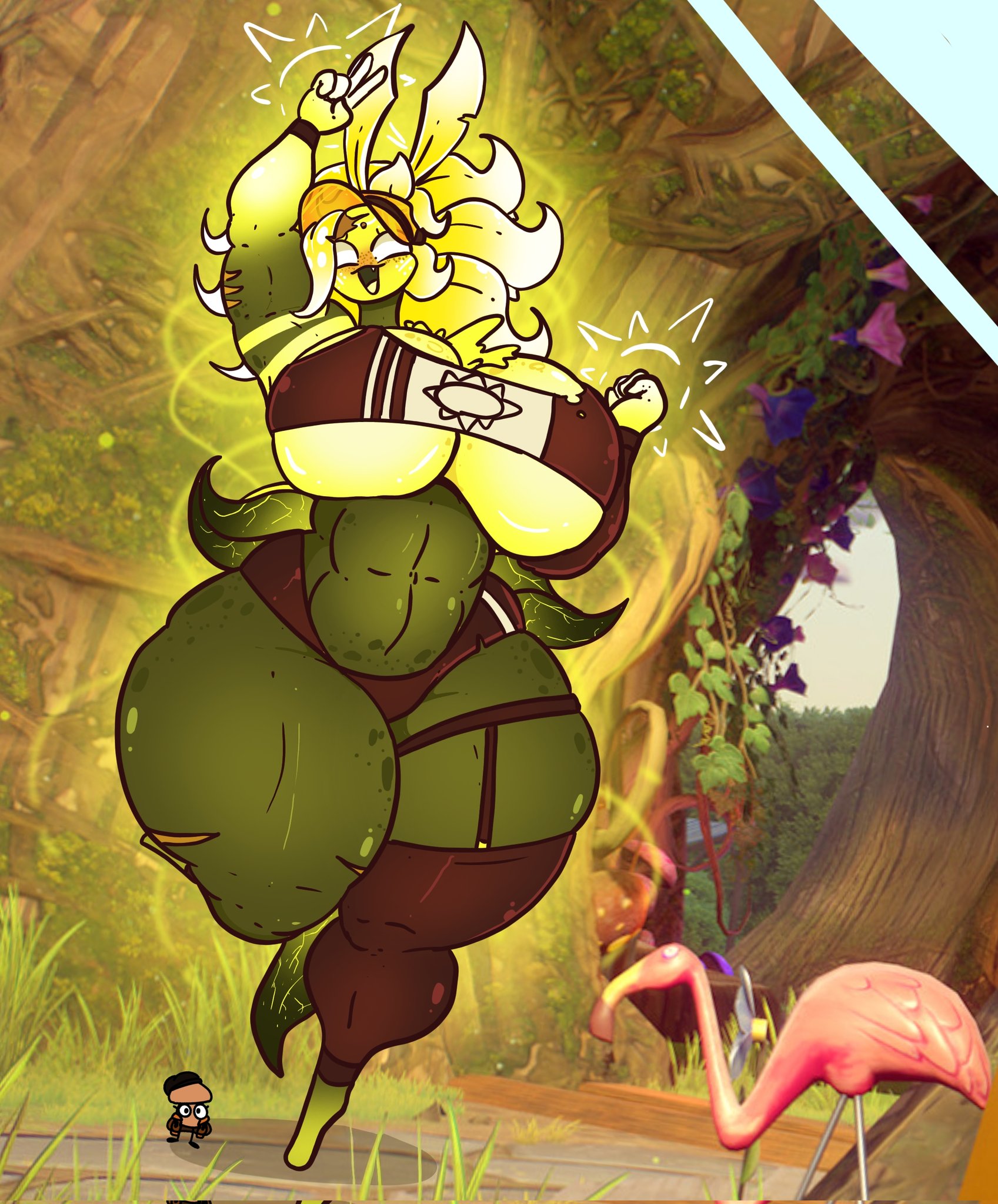 2d, 2d (artwork), 2d artwork, big breasts, big thighs, chest tuft, dj arts, fat ass, flower, freckles, freckles on ass, glowing, glowing body, glowing breasts, glowing eyes, green skin, huge ass, huge breasts, huge butt, huge thighs, muscular, muscular female, mushroom toppin, plantie, plants vs zombies, plants vs zombies: garden warfare, revealing clothes, sunflower (pvz), sunflower queen (pvz), sunny (dj arts), thighs, yellow hair