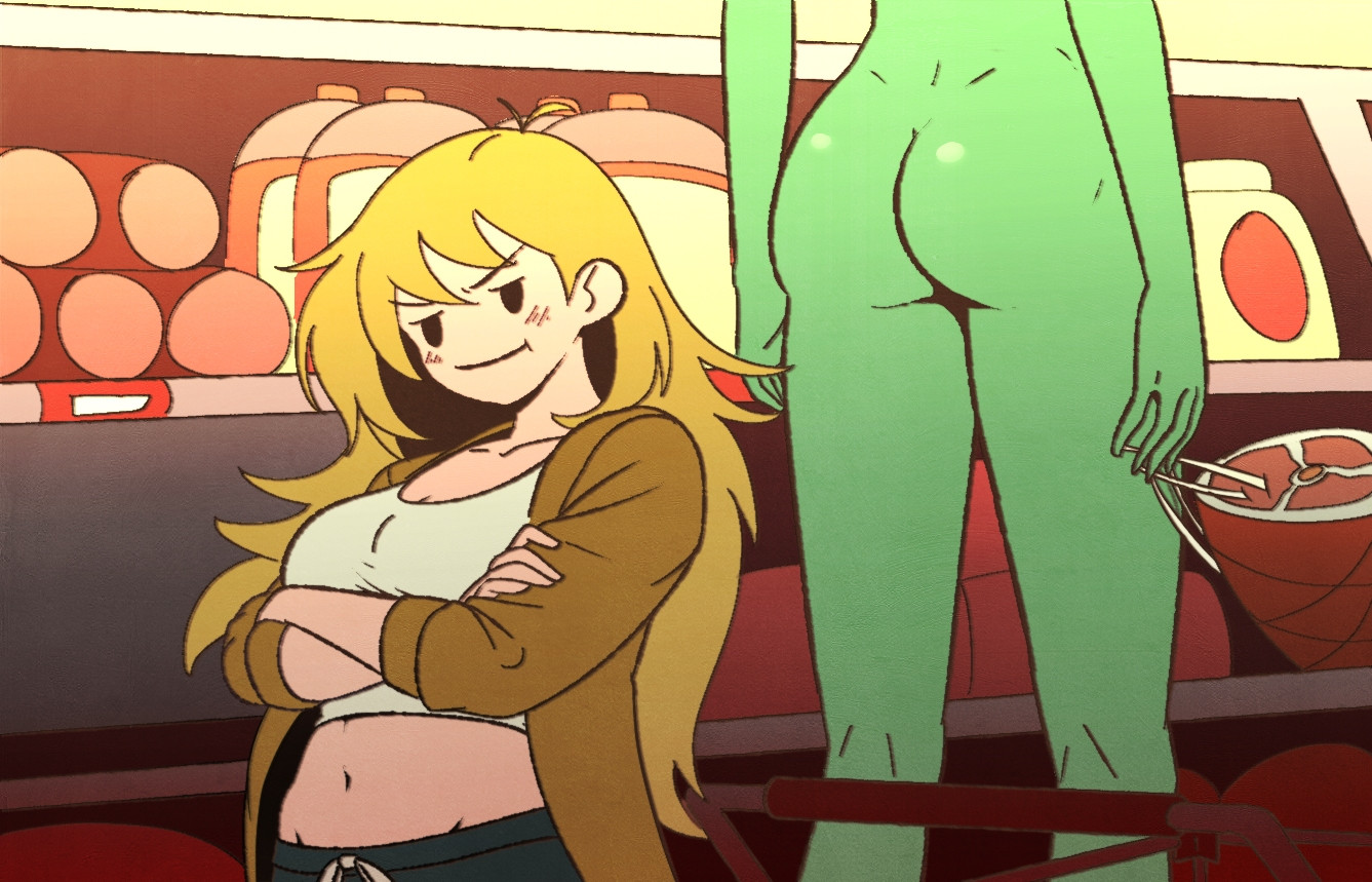 2girls, adventure time, ass, canonical scene, casual, chaossus, clothing, exposed hams, female, fionna and cake, fionna campbell, fionna the human girl, human, huntress wizard, nonsexual, nonsexual nudity, nude, pale skin, public, redraw, tagme