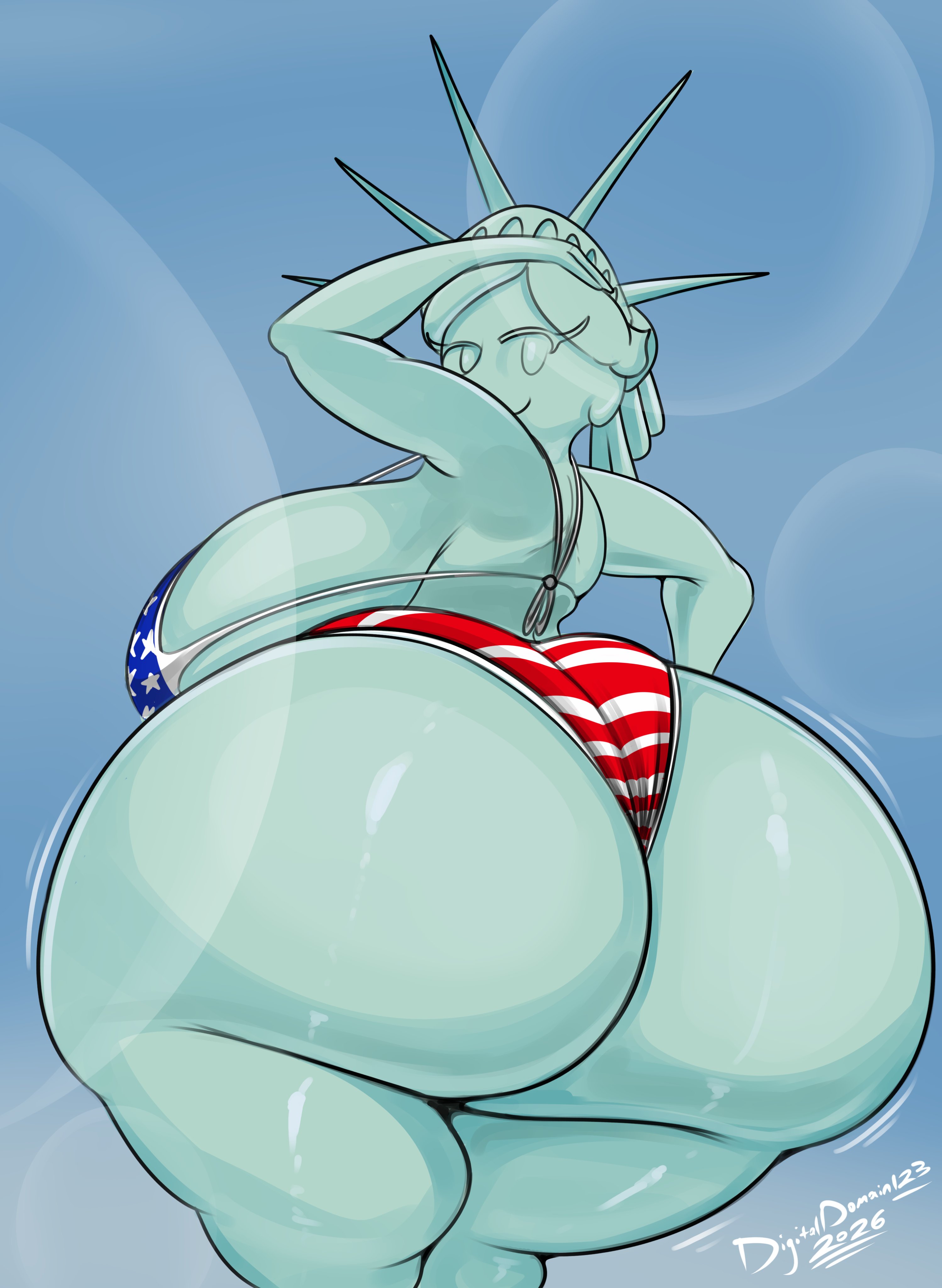 1girls, 2026, 4th of july, american flag bikini, american flag print, ass, ass bigger than head, ass bigger than torso, ass wobble, bbw, big ass, big breasts, bikini, breasts, breasts bigger than head, breasts bigger than torso, clothed, clothed female, curvy, curvy female, curvy figure, digitaldomain123, fat ass, female, gigantic ass, gigantic breasts, green body, hand on head, hand on hip, hi res, holidays, huge ass, huge breasts, hyper, hyper ass, hyper breasts, hyper proportions, lady liberty, looking at viewer, looking back, looking back at viewer, looking down, looking down at viewer, movement lines, solo, solo female, statue, statue of liberty, tansau, tansau's lady liberty, thick thighs, venus body, voluptuous, voluptuous female, watermark, wide hips, wobbling ass