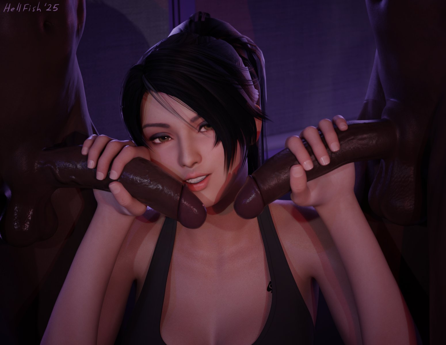 1girls, 2boys, 3d, 3d model, 3d render, artist name, asian, asian female, bedroom, black hair, blacked asian, blender, breasts, brown eyes, clothed female nude male, dark skin, dark-skinned male, dead or alive, detailed background, female, hellfish, holding penis, indoors, interracial, looking at viewer, male, momiji (ninja gaiden), ninja gaiden, nude, nude male, penis, penis on face, ponytail, qos, qos tattoo, queen of spades, ricebunny, seductive smile, self upload, smile