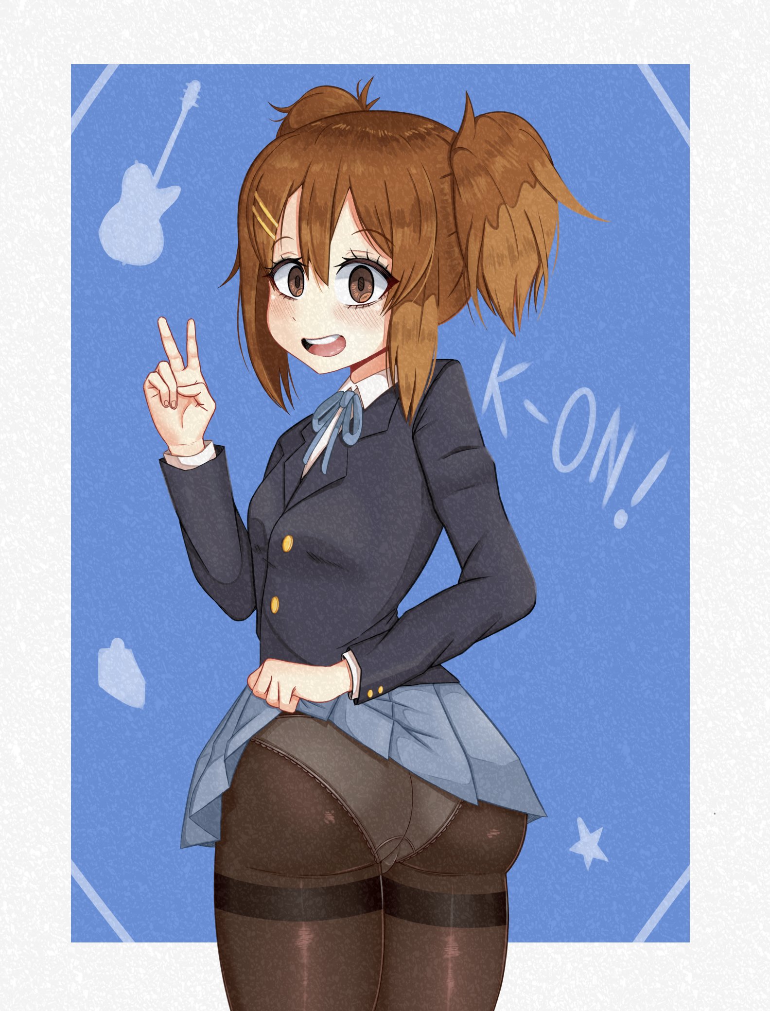 1girls, k-on!, panties, panties under pantyhose, pantyhose, skirt, young savage, yui hirasawa (k-on!)