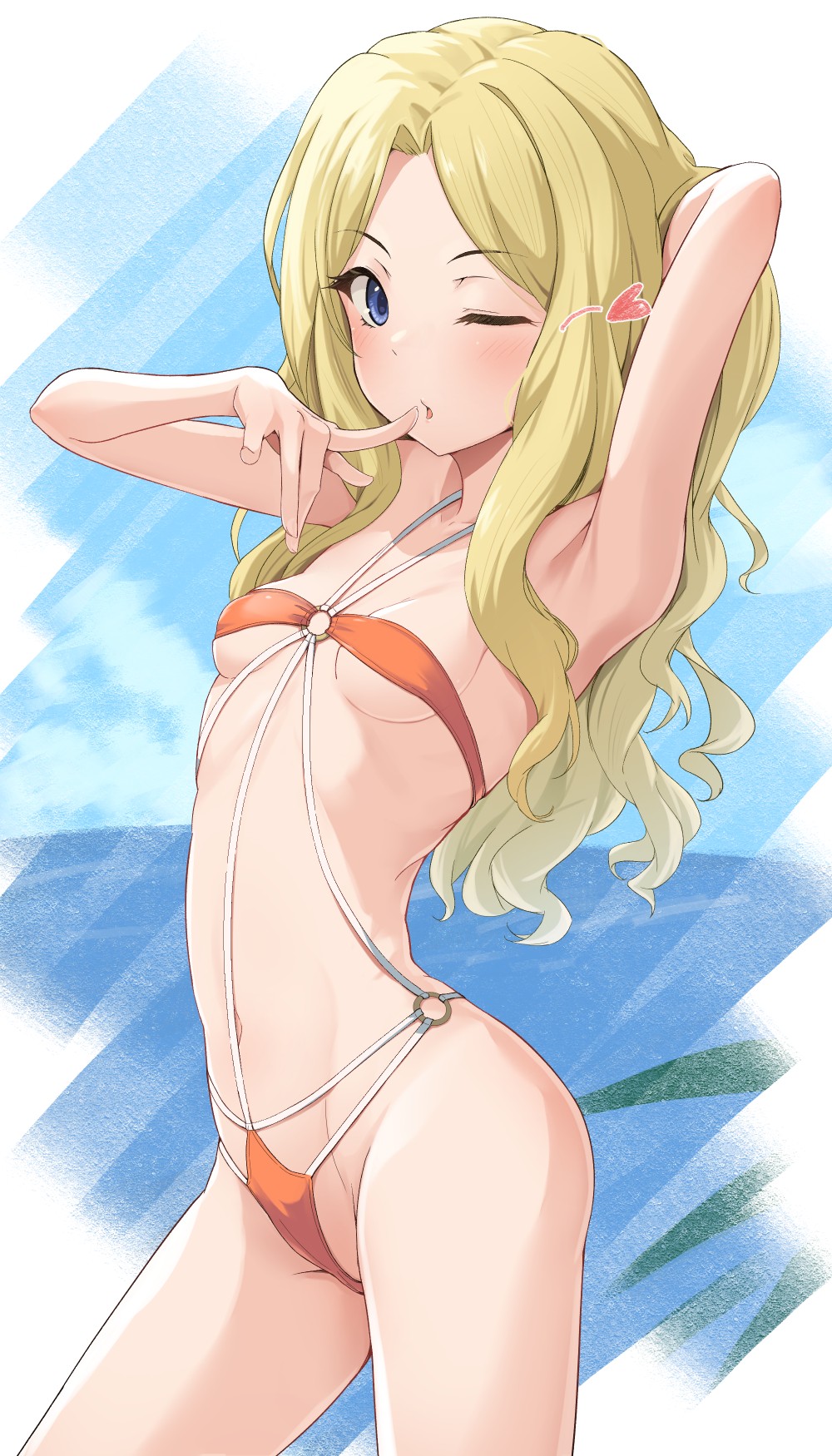 :o, 1girls, 2d, 2d (artwork), 2d artwork, almost naked, almost nude, arm behind head, arm up, armpit, armpit crease, armpit peek, armpits, bare armpits, bare arms, bare belly, bare chest, bare hands, bare hips, bare legs, bare midriff, bare navel, bare shoulders, bare skin, bare thighs, belly, belly button, blonde eyebrows, blonde female, blonde hair, blonde hair female, blonde-haired female, blue eyes, blue sky, blue-eyed female, blush, blush face, blushing female, breasts, clouds, collarbone, day, daylight, daytime, digital, digital art, digital drawing, digital drawing (artwork), digital media, digital media (artwork), elbows, exposed armpits, exposed arms, exposed belly, exposed chest, exposed hips, exposed legs, exposed midriff, exposed navel, exposed shoulders, exposed skin, exposed thighs, eye closed, eyebrows visible through hair, female, female focus, female only, fingernails, fingers, flying kiss, frenda seivelun, groin, hairless armpits, hand behind head, hand up, high resolution, highres, horizon, inframammary fold, inguinal crease, inguinal ligament, k3rd, lean figure, long hair, looking at viewer, midriff, mostly nude, naked, naked female, naked woman, narrow waist, navel, nearly nude, nude, nude female, nudity, ocean, one eye closed, one eye open, outdoor, outdoor nudity, outdoors, outside, parted bangs, petite, petite body, petite breasts, petite female, petite girl, petite tits, posing, posing for the viewer, practically nude, sea, seaside, shaved armpits, shoulders, simple background, skinny, skinny female, skinny girl, skinny waist, sky, slender body, slender waist, slim waist, small breasts, solo, standing, teen girl, teenage girl, teenager, thigh gap, thighs, to aru kagaku no railgun, to aru majutsu no index, underboob, upper body, wavy hair, wink, winking, winking at viewer, winking eye, yellow eyebrows, yellow hair, yellow-haired female, young female, young woman