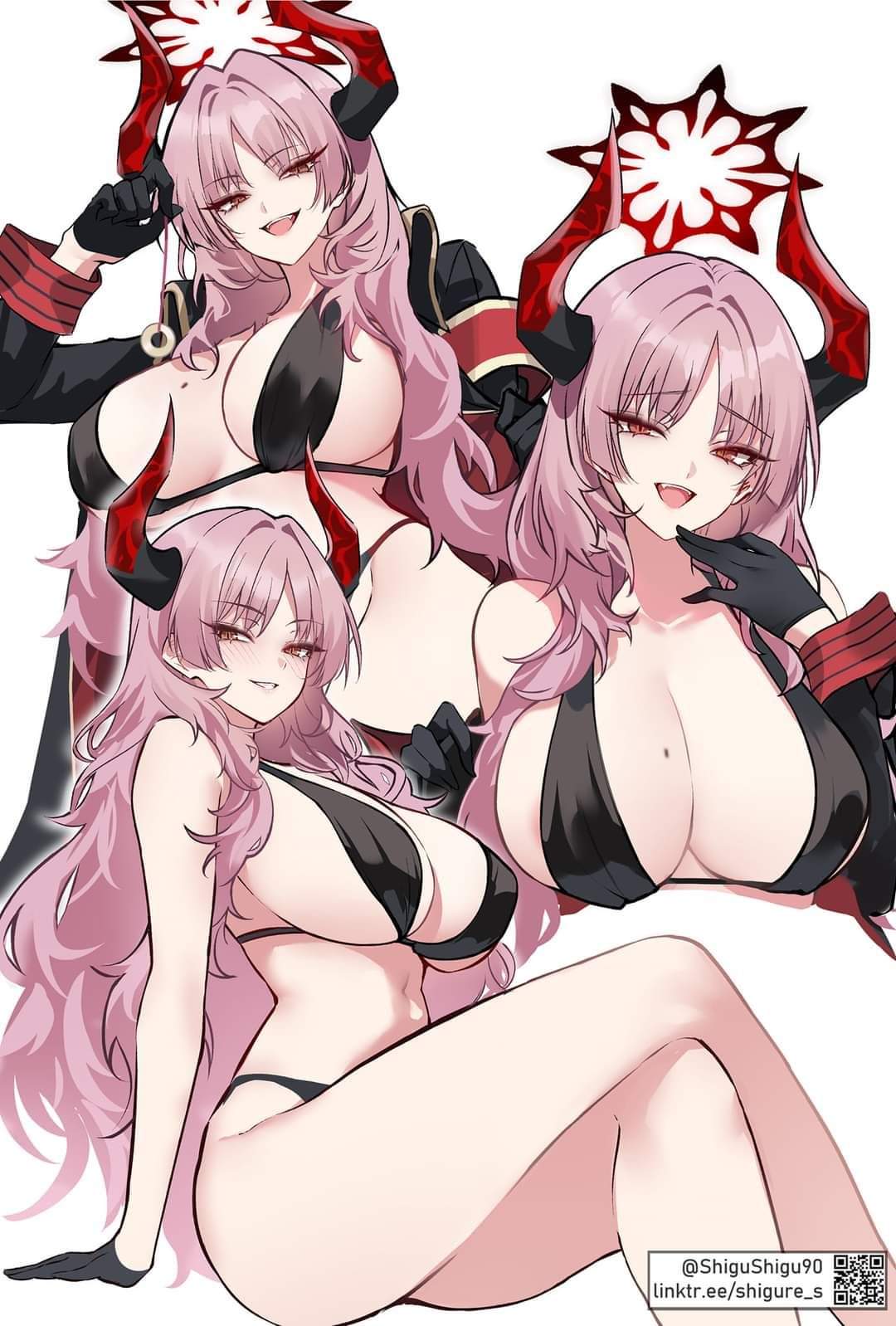 1girls, big breasts, bikini, blue archive, demon girl, female, female only, gehenna academy student, halo, horns, hypnosis, mole on breast, multiple poses, nipple outline, oerba yun fang, satsuki (blue archive), shigure s, swimsuit