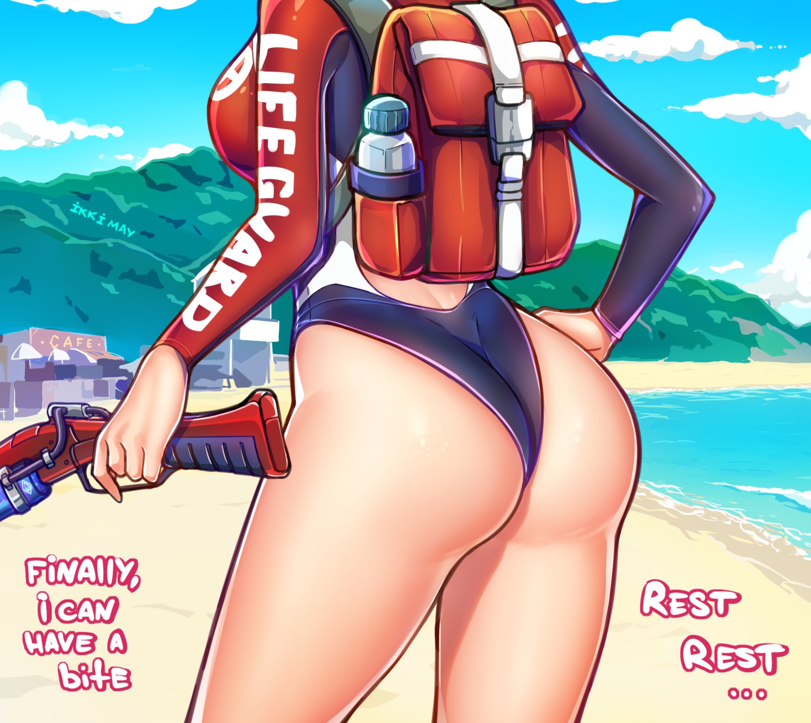 alternate costume, ass, beach, big ass, hi-rez studios, ikkimay, lian (paladins), paladins, shore patrol (paladins), shore patrol lian, swimsuit, text