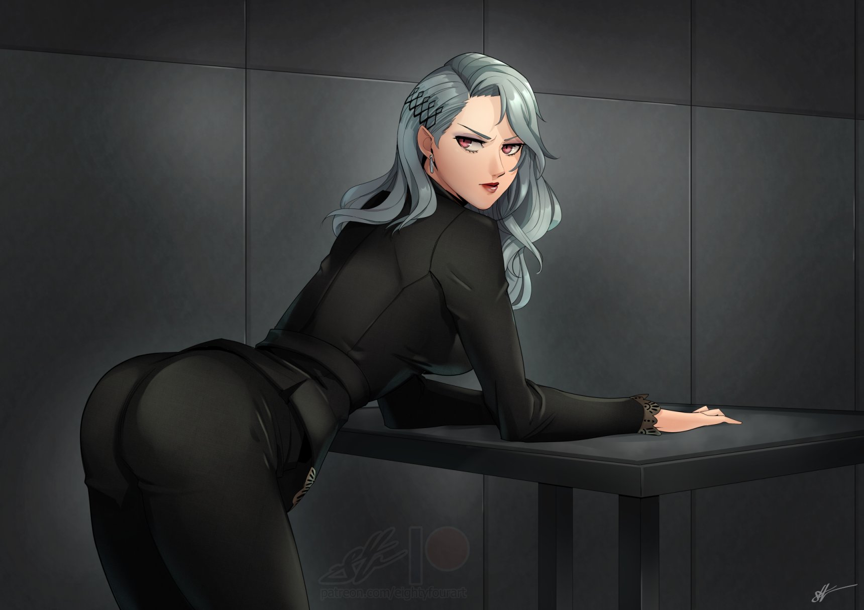 1girls, ass, belt, earrings, eightyfourart, female, female only, grey hair, jewelry, long hair, looking at viewer, looking back, persona, persona 5, sae niijima, solo