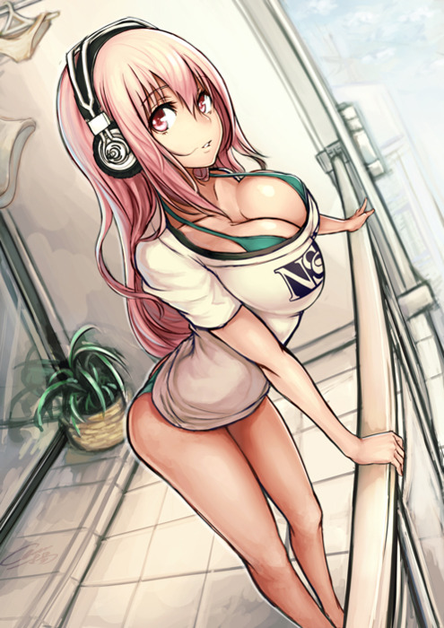 1girls balcony bare_legs bent_forward bikini breasts cleavage female green_bra green_panties headphones large_breasts looking_at_viewer nitroplus no_pants pink_hair red_eyes solo super_sonico tagme