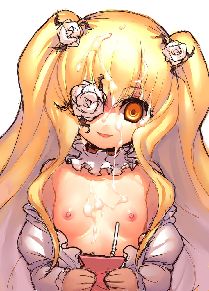 blank_stare blonde_hair cum eye_patch facial flat_chest flower juice_box kirakishou nipples rose rozen_maiden tied_hair tsliuyixin twintails yellow_eyes