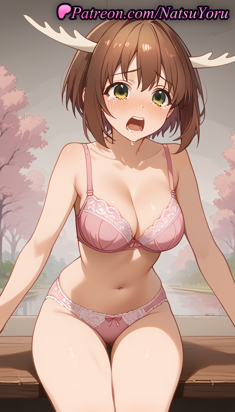 1girls ai_generated animal_ears anime anime_style antlers asian ass_visible_through_thighs bangs bare_arms bare_shoulders blush bow bow_bra bow_panties bra breasts brown_hair bust busty cherry_blossoms cleavage collarbone crying crying_with_eyes_open female female_focus female_only green_eyes hentai horns lace-trimmed_bra large_breasts lingerie looking_at_viewer medium_breasts my_deer_friend_nokotan natsuyoru navel open_mouth outdoors panties pantsu pink_bra pink_panties reindeer_antlers saliva shikanoko_noko short_hair sitting solo solo_female stomach tearing_up tears teeth thigh_gap thighs tree underwear underwear_only voluptuous voluptuous_female