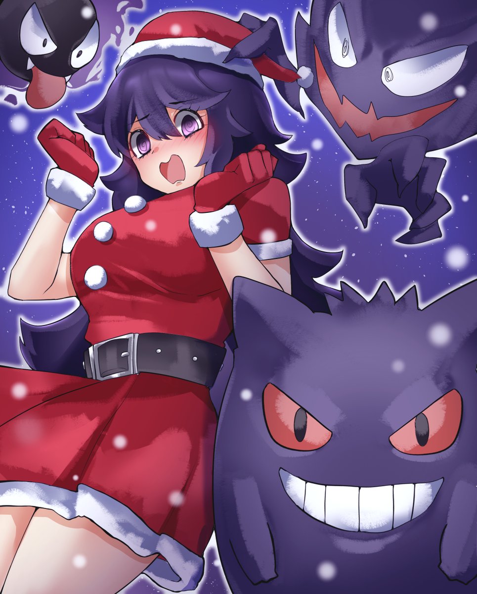 1340smile 1girls big_breasts breasts christmas christmas_outfit female game_freak gastly gengar hairband haunter hex_maniac holidays long_dress long_hair looking_at_viewer nintendo pokemon pokemon_xy purple_eyes purple_hair smile solo standing sweater tagme