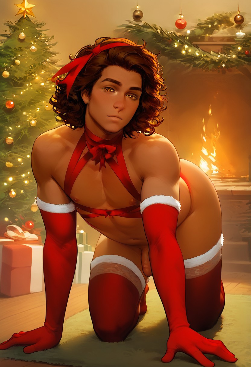 ai_generated arm_gloves ass ass big_ass big_butt bow bow_in_hair bow_ribbon boy brown_hair bubble_ass bubble_butt christmas christmas_clothing christmas_lights christmas_outfit christmas_present christmas_tree crawling eye_contact fireplace fur_trim fur_trimming gloves hair_ribbon hazel_eyes looking_at_viewer male on_all_fours on_hands_and_knees plump_ass presents red_gloves red_legwear ribbon ribbons round_ass round_butt seductive stockings tallcallipygian tcallipygian thick_thighs thigh_highs thighhighs thighs