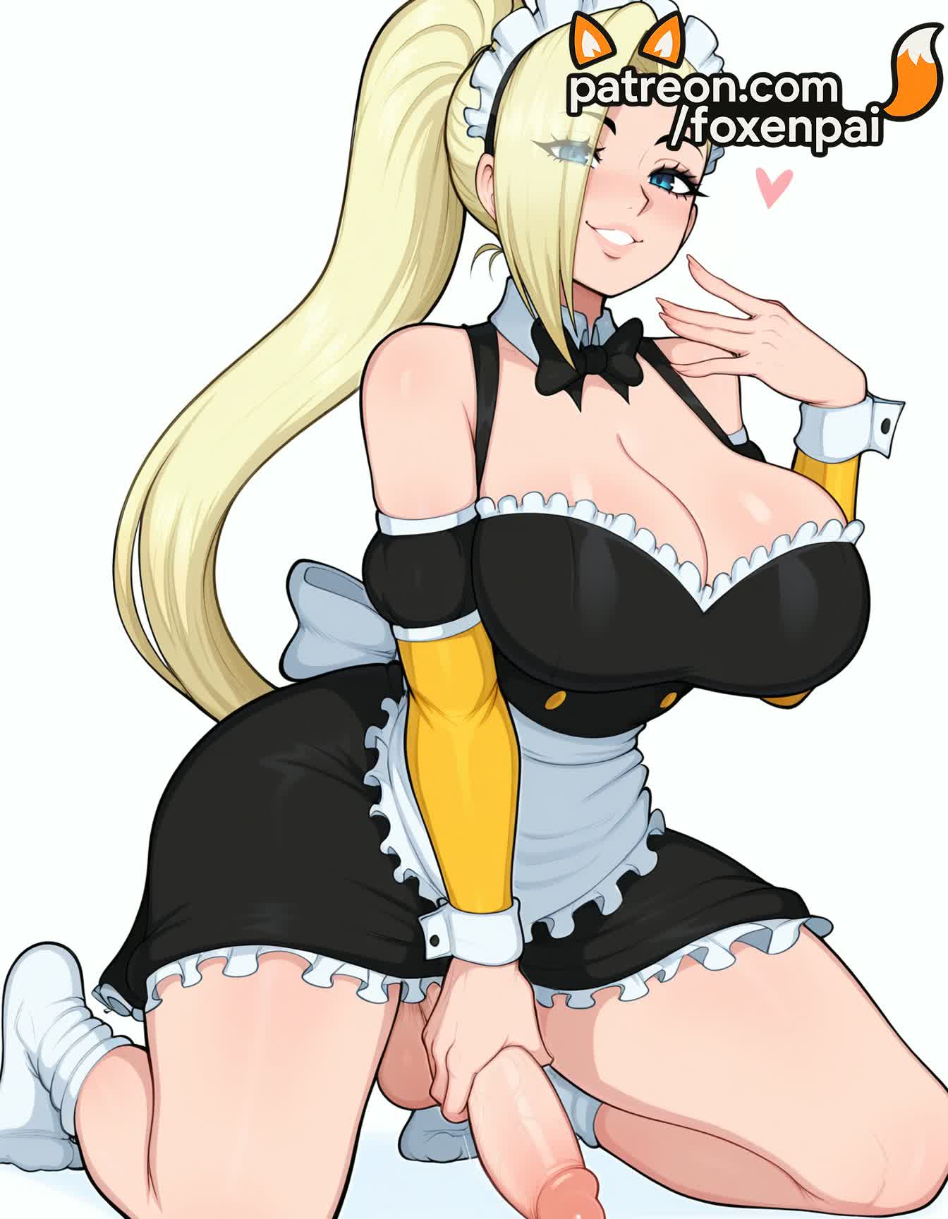 1futa, 2025, ai generated, apron, artist name, balls, bare shoulders, black dress, bow, breasts, bust, chest, cleavage, cock, dick, dress, enmaided, erection, foxenpai, futanari, hair over one eye, hi res, high quality, high resolution, highres, ino yamanaka, intersex, long hair, maid, maid apron, maid headdress, naruto, naruto (series), patreon, patreon username, penis, ponytail, precum, smile, socks, squatting, stable diffusion, testicles, uncensored, watermark