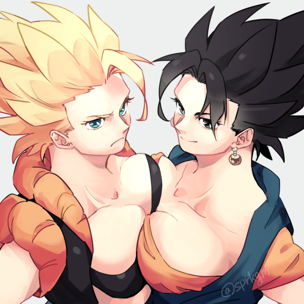 black_eyes black_hair blonde_female blonde_hair blue_eyes cleavage dragon_ball dragon_ball_z earrings genderswap_(mtf) gogeta large_breasts looking_at_viewer potara_earrings pressed_together spiky_hair super_saiyan vegito