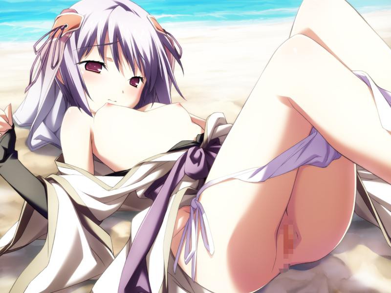 baldr_(series) baldr_sky baldr_sky_dive_2 beach blush censored censored_pussy exposed_breasts female light-skinned_female mosaic_censoring nipples ocean on_back panties panties_around_legs purple_eyes purple_hair pussy sand small_breasts solo undressing