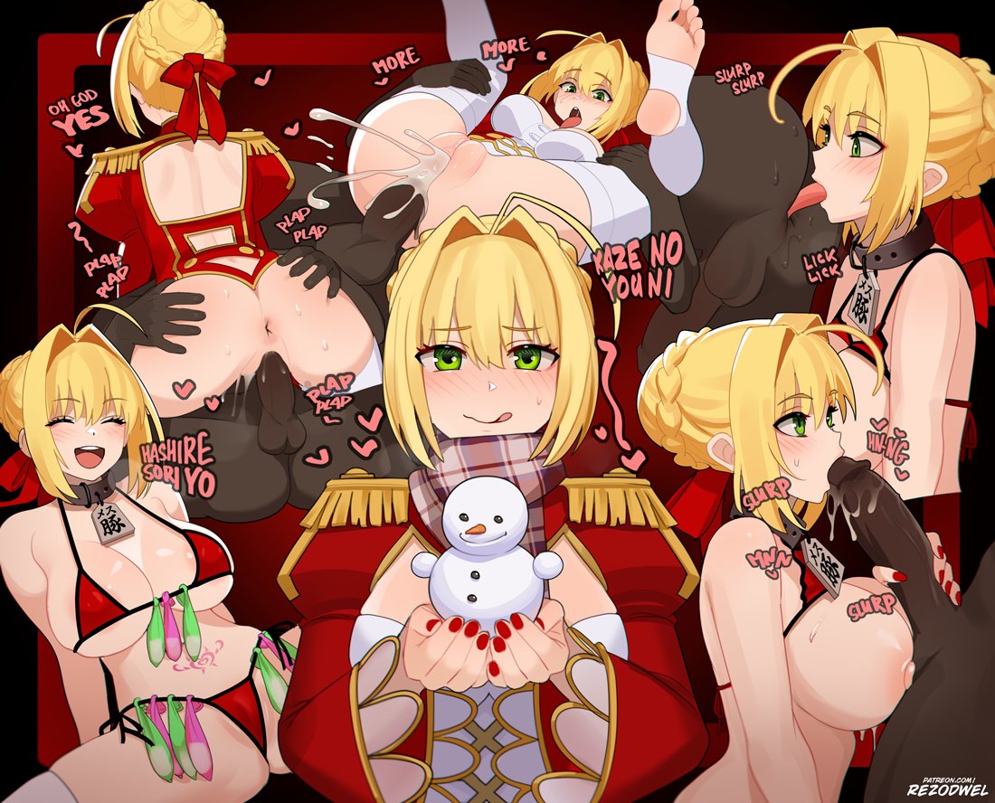 1boy ahoge anal anilingus anus blonde_hair breasts cum cum_in_pussy dark-skinned_male dark_skin erection fate/extra fate_(series) fellatio female folded green_eyes hair_bun hair_intakes hair_ribbon interracial large_breasts nero_claudius_(fate) nero_claudius_(fate/extra) nipples open_mouth oral penis rezodwel ribbon sex straight vaginal_penetration very_dark_skin