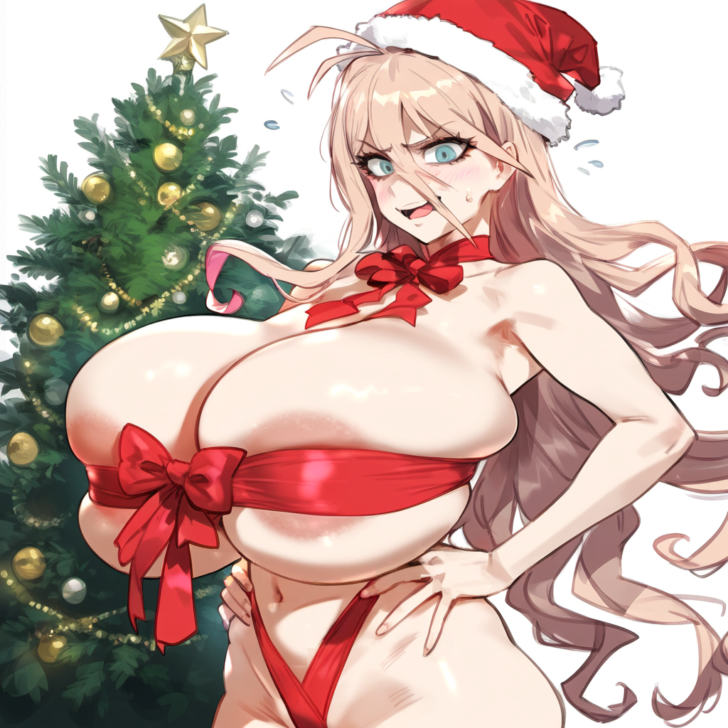 1girls ahoge ai_generated areolae blonde_hair blue_eyes blush bow breast_squish breasts christmas christmas_tree danganronpa danganronpa_v3 embarrassed female female_only gift_wrapped gigantic_breasts hair_between_eyes hands_on_hips headwear huge_breasts iruma_miu long_hair navel new_danganronpa_v3 open_mouth presenting presenting_breasts ribbon santa_hat skindentation solo sweatdrop wavy_hair