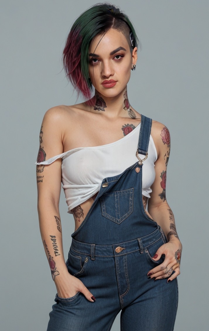 ai_generated cyberpunk_2077 judy_alvarez one_shoulder_exposed overalls posing sfw solo_female tattoo white_shirt