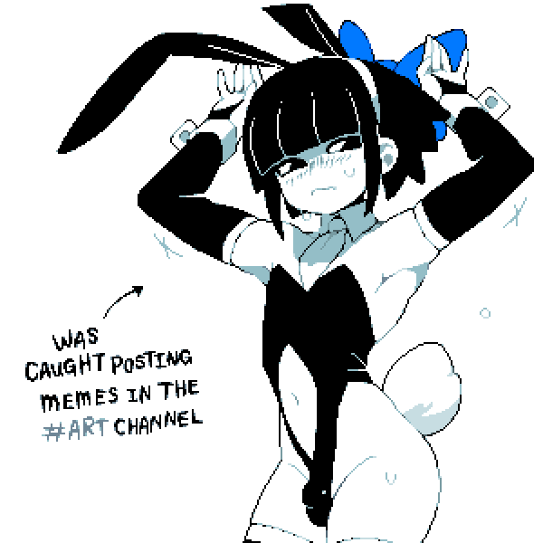 1boy armpits bare_shoulders black_eyes black_hair blush bridal_gauntlets bulge bunny_ears bunny_tail bunnysuit detached_collar detached_sleeves discord_(app) dizzyspells elbow_gloves embarrassed exposed_navel femboy feminine_boy flaccid flaccid_penis hairband hairbow humiliation looking_away meme navel_cutout original original_character punishment scythe_(dizzyspells) short_hair skindentation sweat thick_thighs thighhighs wide_hips