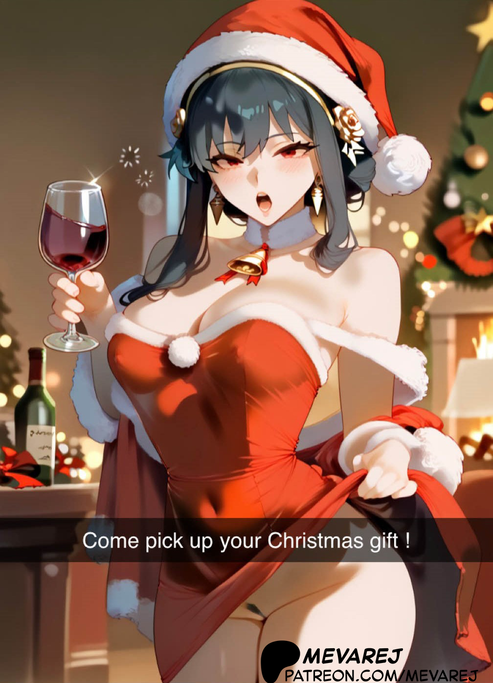 1girls ai_generated alcohol alcohol_bottle alcoholic_drink ass_visible_through_thighs bangs bare_shoulders bell bell_collar black_hair blush bottle breasts cameltoe christmas christmas_clothing christmas_outfit cleavage clothes_lift covered_navel cup dress dress_lift drinking drinking_glass drunk earrings english english_text female female_pubic_hair fur_trim fur_trim_(clothing) fur_trimmed_dress hat indoors jewelry large_breasts lifted_by_self long_hair looking_at_viewer mevarej no_panties open_mouth patreon patreon_logo patreon_url patreon_username pom_pom_(clothes) pubic_hair pussy red_dress red_eyes santa_costume santa_dress santa_hat sidelocks snap snapchat solo spy_x_family strapless strapless_dress thigh_gap thighs uncensored wanting_sex wine wine_bottle wine_glass yor_briar