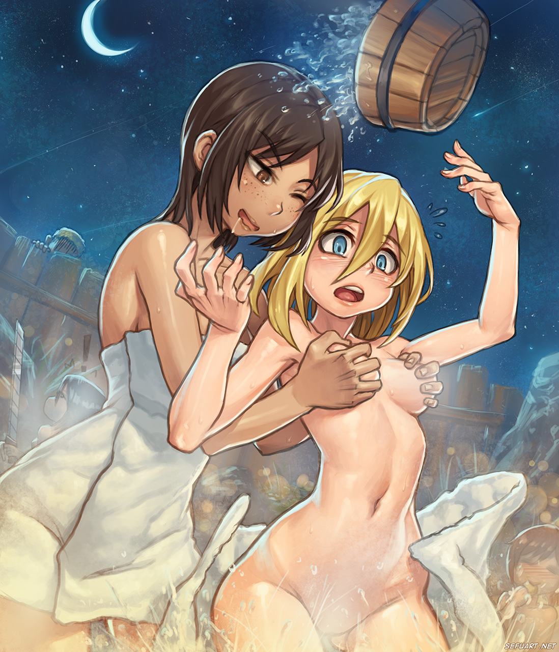 1boy, 4girls, attack on titan, black hair, black-haired female, blonde hair, blonde-haired female, breast grab, breasts, christa lenz, female, female focus, groping, hairless pussy, historia reiss, hot spring, hourglass figure, lesbian, male, mikasa ackerman, multiple females, multiple girls, pussy, reiner braun, sasha braus, sefuart, shingeki no kyojin, small breasts, towel, towel only, water, wet, ymir (shingeki no kyojin), yuri