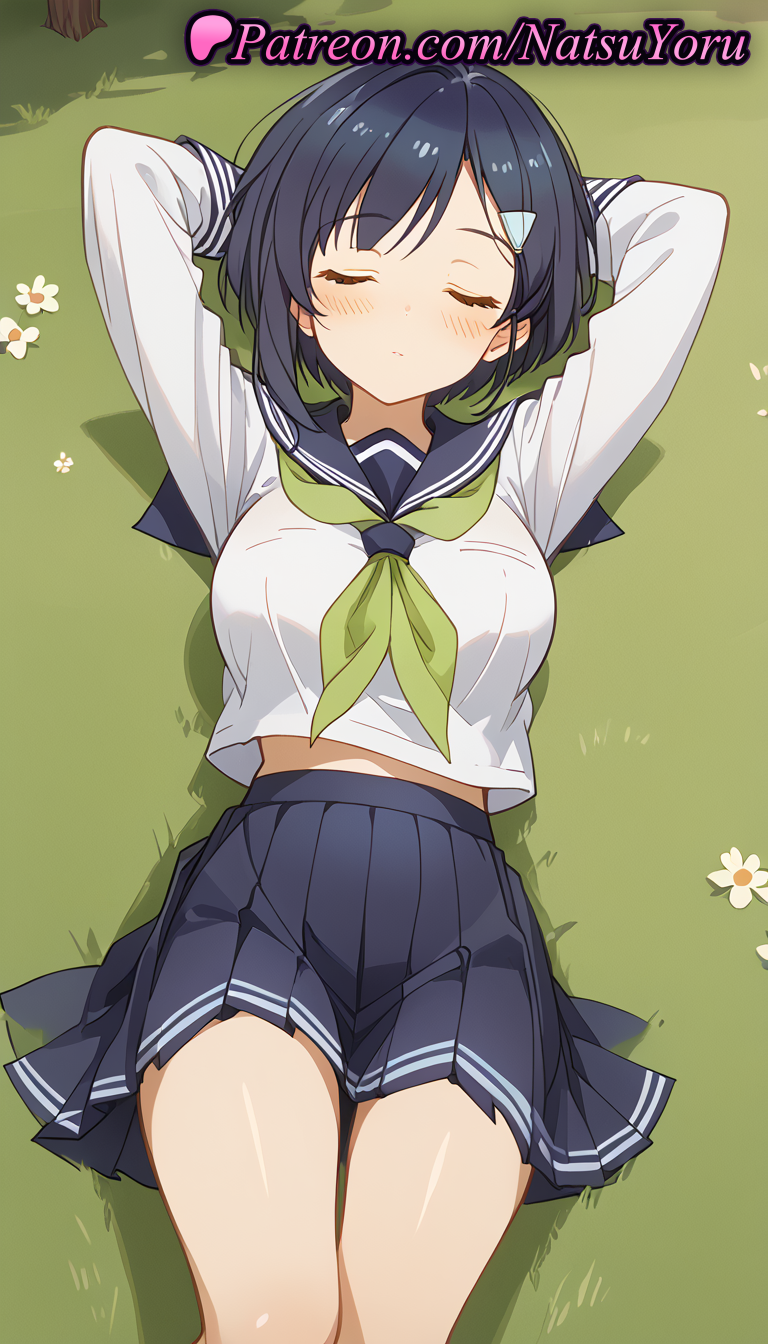 1girls ai_generated anime anime_style arms_behind_head arms_up bangs black_hair black_sailor_collar black_skirt blouse blue_hair blue_sailor_collar blue_skirt blush breasts bust busty closed_eyes closed_eyes closed_mouth dark_blue_hair facing_viewer female female_focus female_only flower grass green_neckerchief hair_clips hair_ornament hairclip hentai large_breasts long_sleeves lying midriff_peek miniskirt my_deer_friend_nokotan natsuyoru neckerchief on_back on_grass on_ground outdoors pleated_skirt sailor_collar sailor_uniform scarf school_uniform serafuku shirt short_hair skirt sleeping solo solo_female thighs tsubameya_chiharu voluptuous voluptuous_female white_flower white_shirt