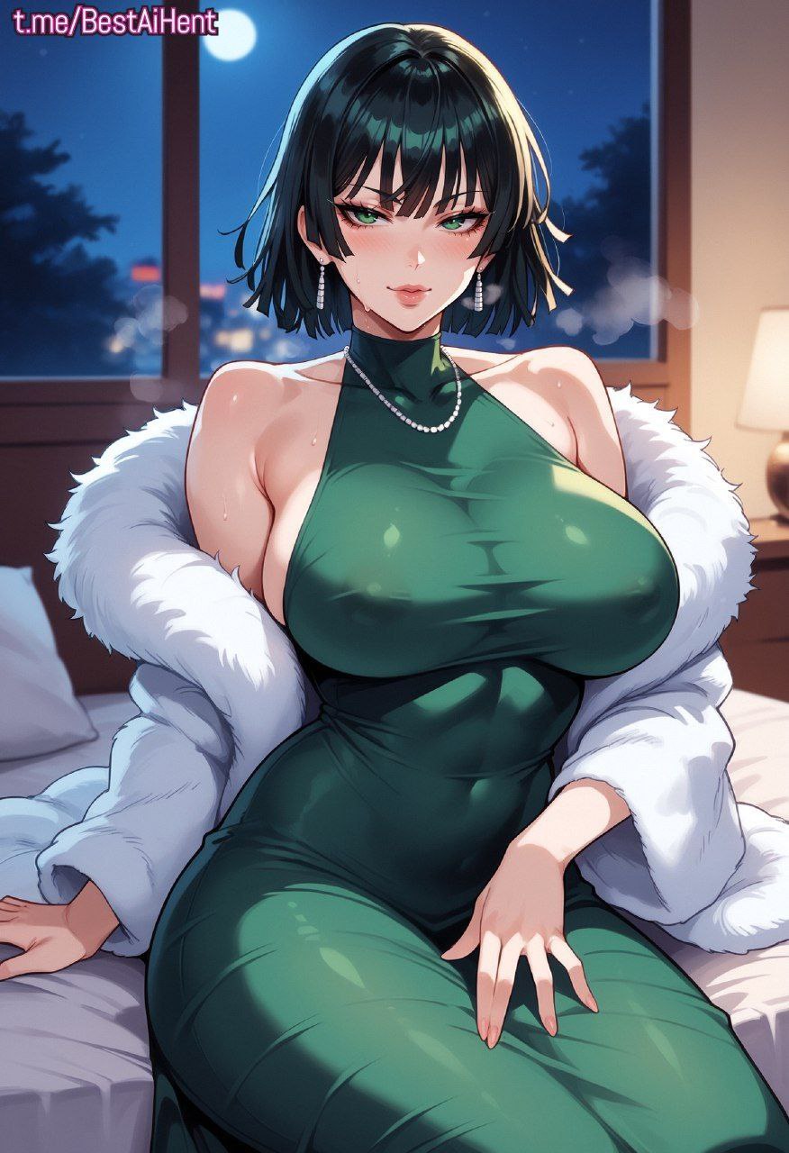 1girls ai_generated balecxi belly big_breasts big_thighs black_hair breasts dress front_view fubuki_(one-punch_man) green_dress green_eyes green_hair hips huge_breasts latex light_skin lips milf night nipples one-punch_man short_hair sitting wide_hips