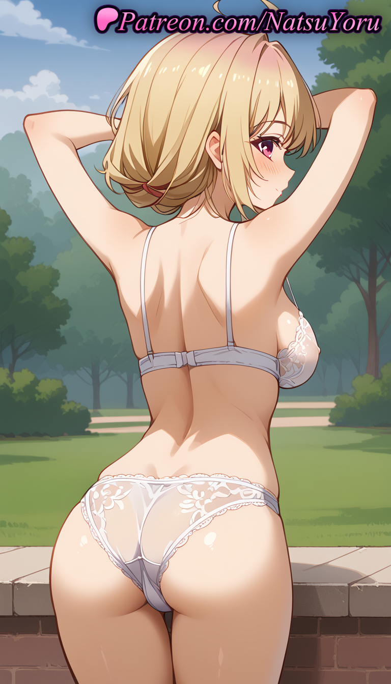 1girls ahoge ai_generated anime anime_style arms_up ass back bangs bare_arms bare_shoulders blonde_hair blue_sky blush bra breasts bust busty closed_mouth cloud covered_nipples cowboy_shot day dimples_of_venus female female_focus female_only from_behind hentai juicy_butt lace-trimmed_bra lace-trimmed_panties lace_trim large_breasts lingerie looking_at_viewer looking_back median_furrow medium_breasts my_deer_friend_nokotan natsuyoru oshiri outdoors panties pantsu pink_eyes purple_eyes red_eyes see-through short_hair shoulder_blades sideboob sky smile solo solo_female standing strap_gap string_bra tanukikouji_kinu thigh_gap thighs tree underwear underwear_only voluptuous voluptuous_female white_bra white_panties