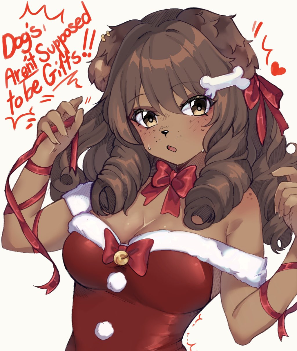 anthro blush breasts breasts_out brown_eyes brown_fur brown_hair christmas christmas_outfit cleavage clothed clothing cute female_only furry furry_only good_girl holidays puppy puppy_(character) puppy_(puppyypawss) puppyypawss puppyypawss_(artist) tail