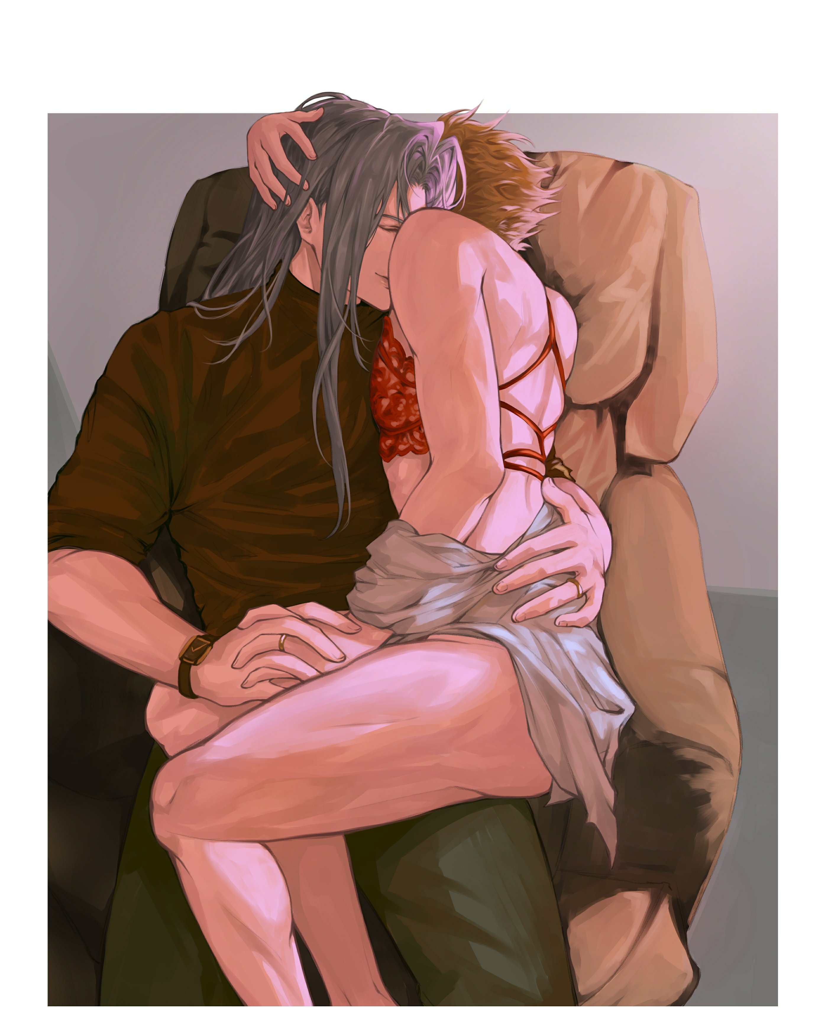 2boys, blonde hair, bottomless, closed eyes, cloud strife, color, couch, crossdressing, embrace, felsparks, final fantasy, final fantasy vii, gay, long hair, male, male/male, no sex, on lap, ring, sephiroth, sitting on lap, spiky hair, tagme, tender, watch, white hair, yaoi