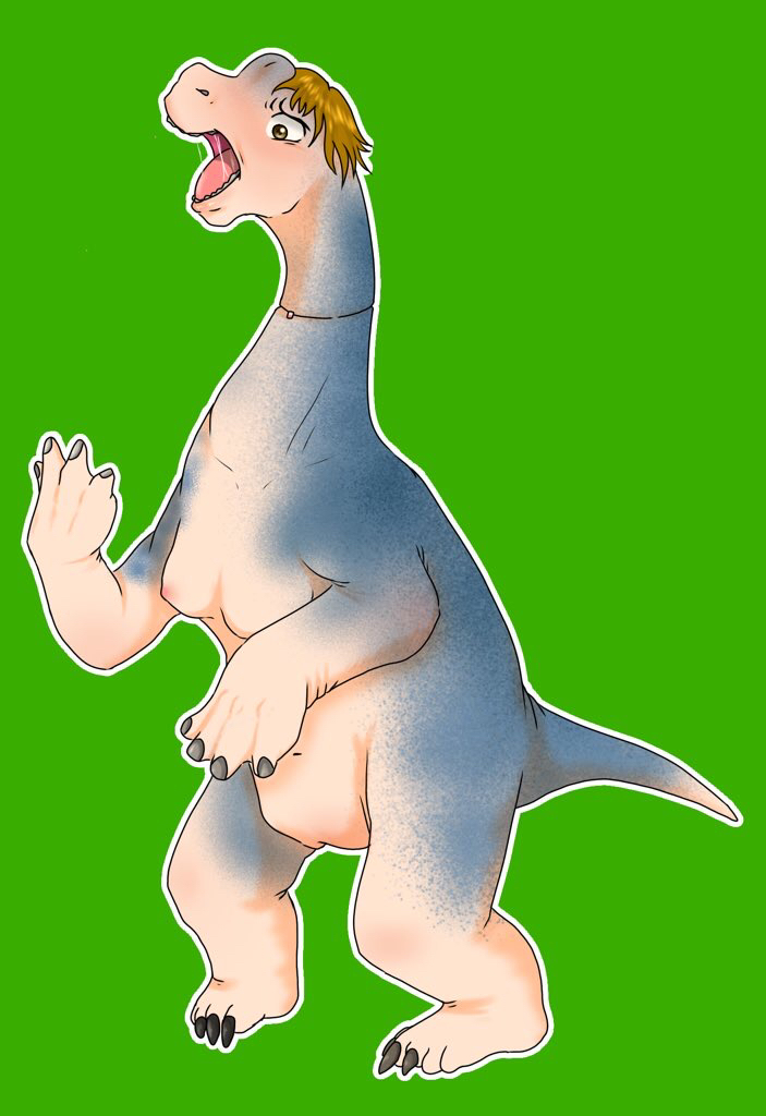 blue_body blue_scales brachiosaurid brachiosaurus breasts brown_hair claws dinosaur feet female feral genitals green_background growth hair human jewelry loss_of_dexterity mammal nails navel neck_growth necklace necklace_only nude open_mouth prehistoric_species pussy reptile sauropod sauropodomorph scale_growth scales scalie simple_background solo tail tail_growth teeth to7ny11 toenails toes transformation