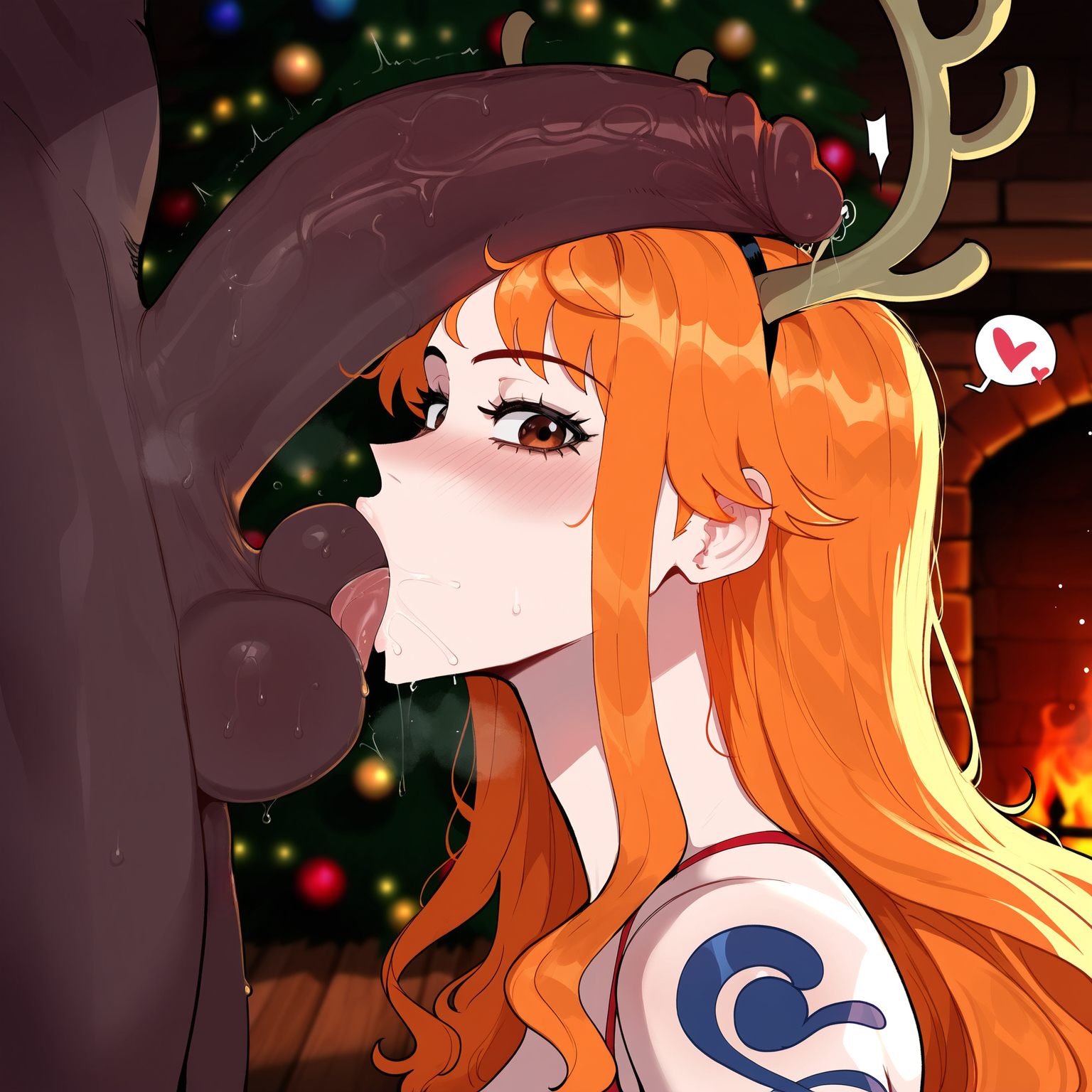1boy, 1girls, ai generated, balls, blush, breasts, brown eyes, creamy ai, dark skin, dark-skinned male, female, interracial, large breasts, licking balls, light skin, light-skinned female, male, nami (one piece), one piece, orange hair, penis, sweat, testicles, uncensored, veiny penis