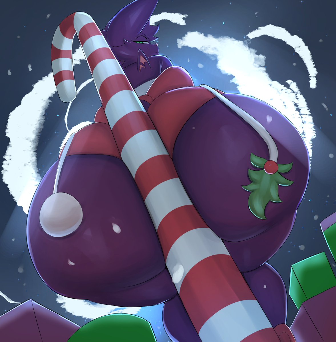 anthro ass bat big_butt blazethefox candy candy_cane christmas christmas_clothing clothed clothing dessert digital_media_(artwork) female food fur green_eyes hi_res holidays huge_butt lacy_(blazethefox) looking_at_viewer looking_back looking_back_at_viewer looking_down looking_down_at_viewer low-angle_view mammal mistletoe plant presenting purple_body purple_fur rear_view solo