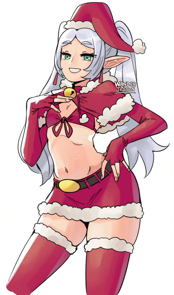 bell belly_button bra christmas christmas_outfit flat_chest frieren frieren_beyond_journey's_end looking_at_viewer midriff petite skindentation skirt small_breasts smile sousou_no_frieren thighhighs thighs thin thin_waist wanderjegson