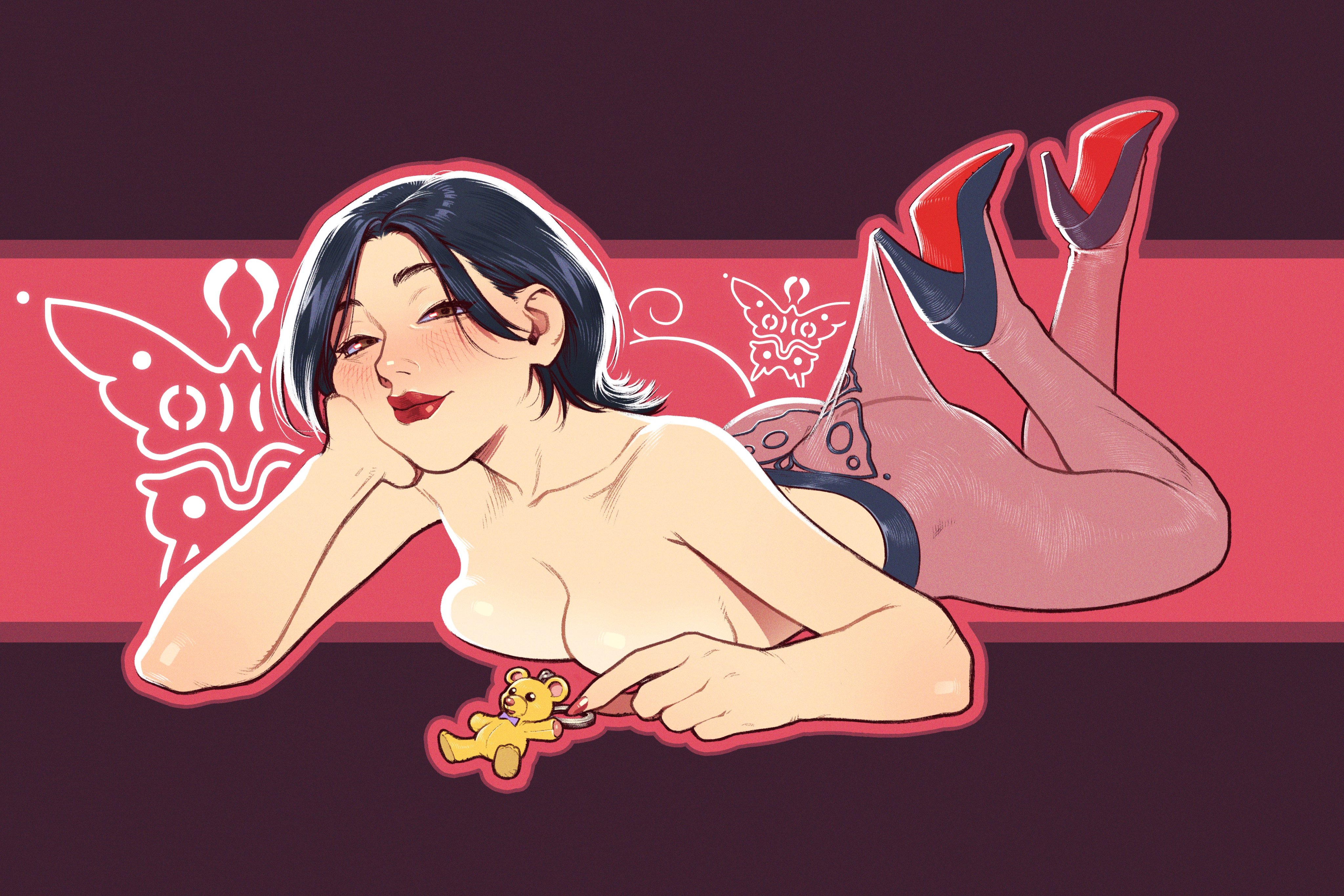 absurd res, ada wong, ada wong (adriana), ass, black hair, blush, breasts, brown eyes, capcom, d1girls, female, female only, heels, lace pantyhose hooked on heel (meme), leaning on elbow, looking at viewer, lying, lying on stomach, mostly nude, narrowed eyes, pantyhose, red lipstick, resident evil, resident evil 4, resident evil 4 remake, smiling, smiling at viewer, solo, tartnsfw