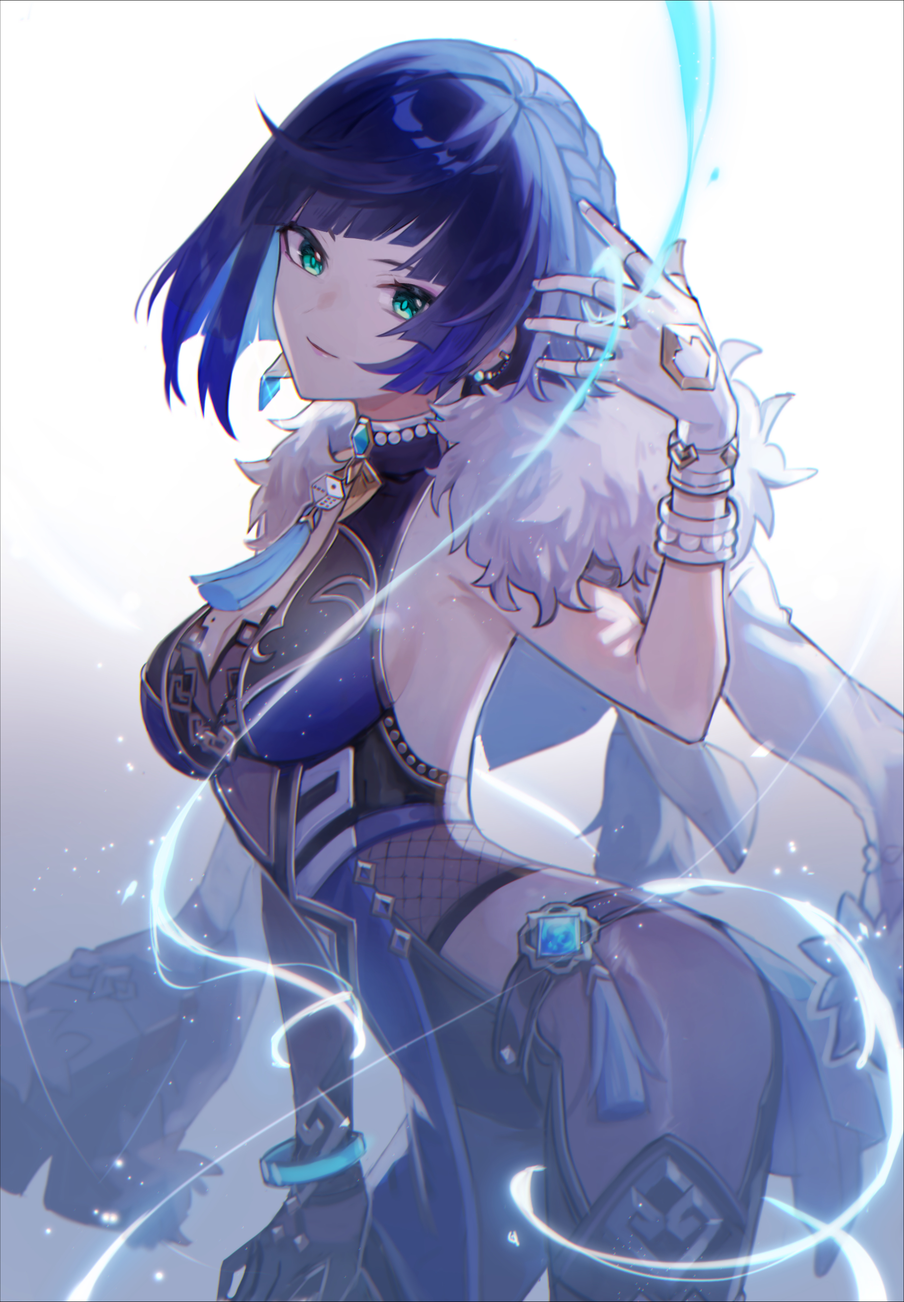 blue hair, dress, female, genshin impact, green eyes, short hair, solo female, yelan (genshin impact)