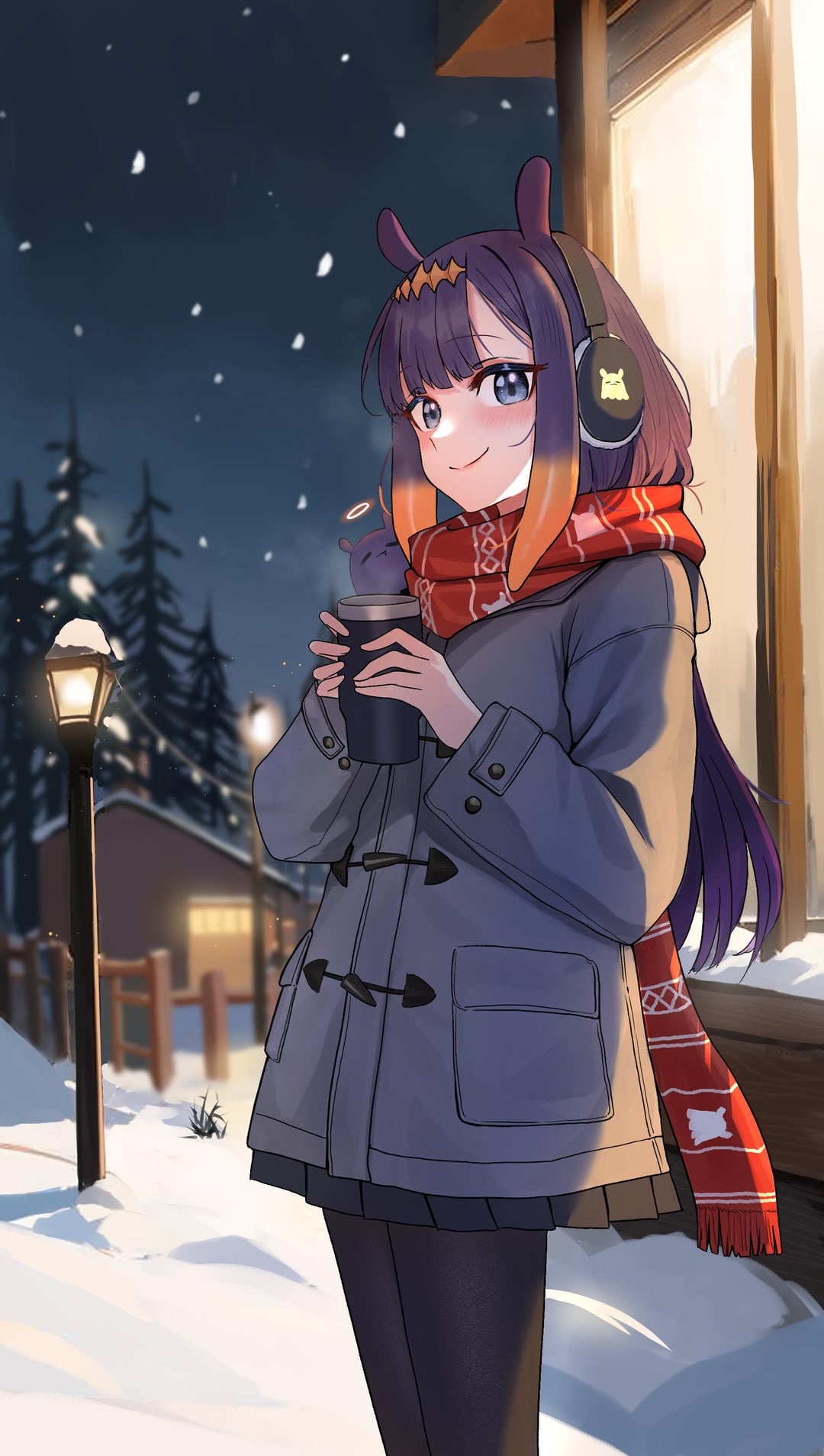 cabin coat fully_clothed hair_ornament happy headphones headphones_around_neck holding_object hololive hololive_english hololive_myth ninomae_ina'nis no_sex octopus_girl outside safe safe_for_work scarf smile smiling smiling_at_viewer snow snowing takodachi takodachi_(ninomae_ina'nis) tentacle_hair thermos wholesome