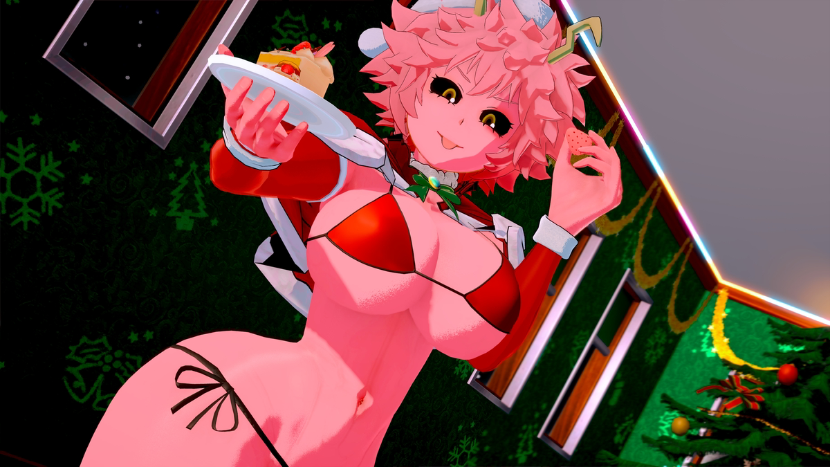 1girls, 3d, christmas, christmas outfit, feathermaple, female, harem outfit, mina ashido, my hero academia, pink hair, pink-haired female, tagme