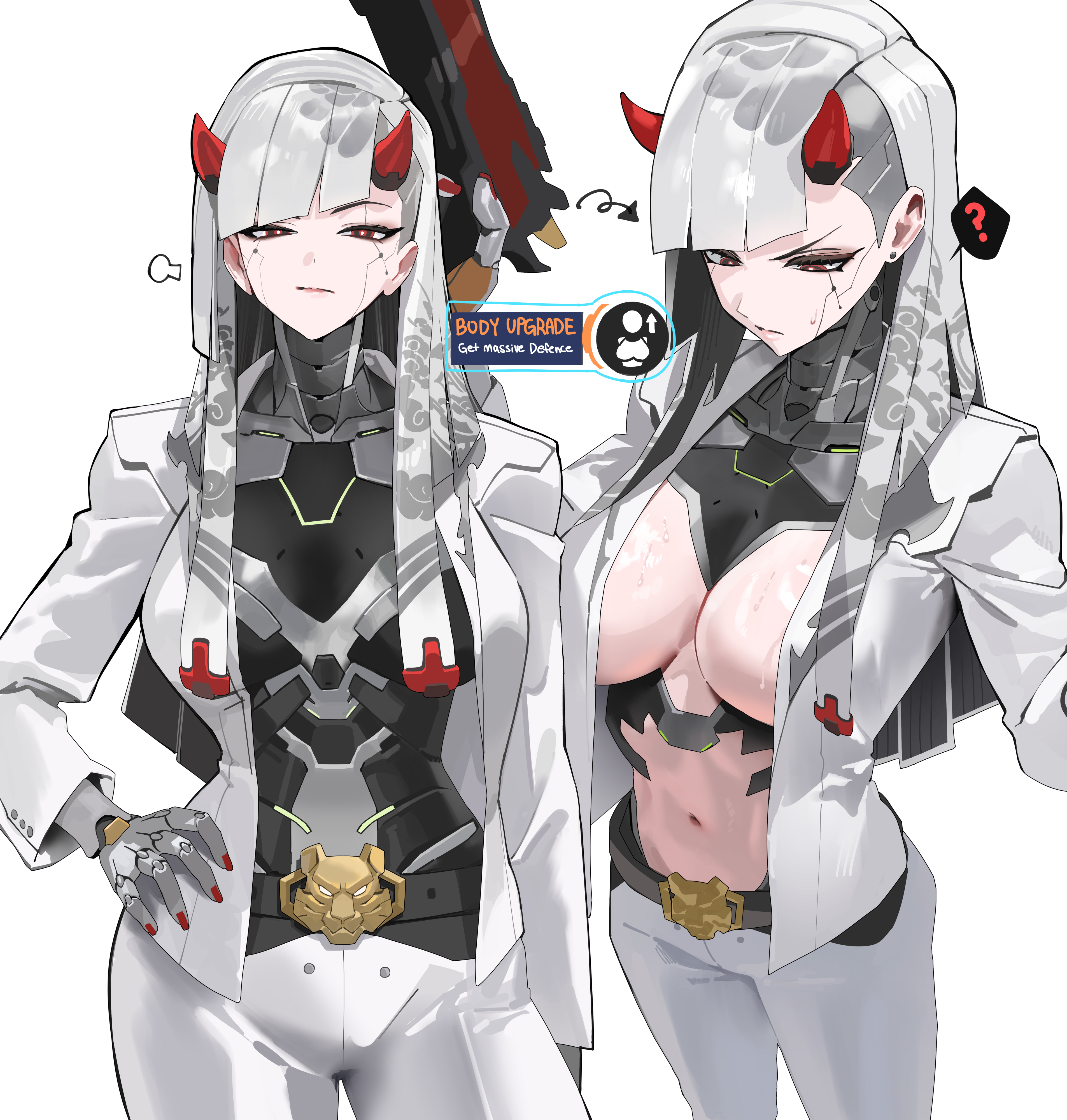1girls, big breasts, breasts, female, female only, hood x art, long hair, overwatch, overwatch 2, red eyes, robot, robot girl, shion (overwatch), white hair