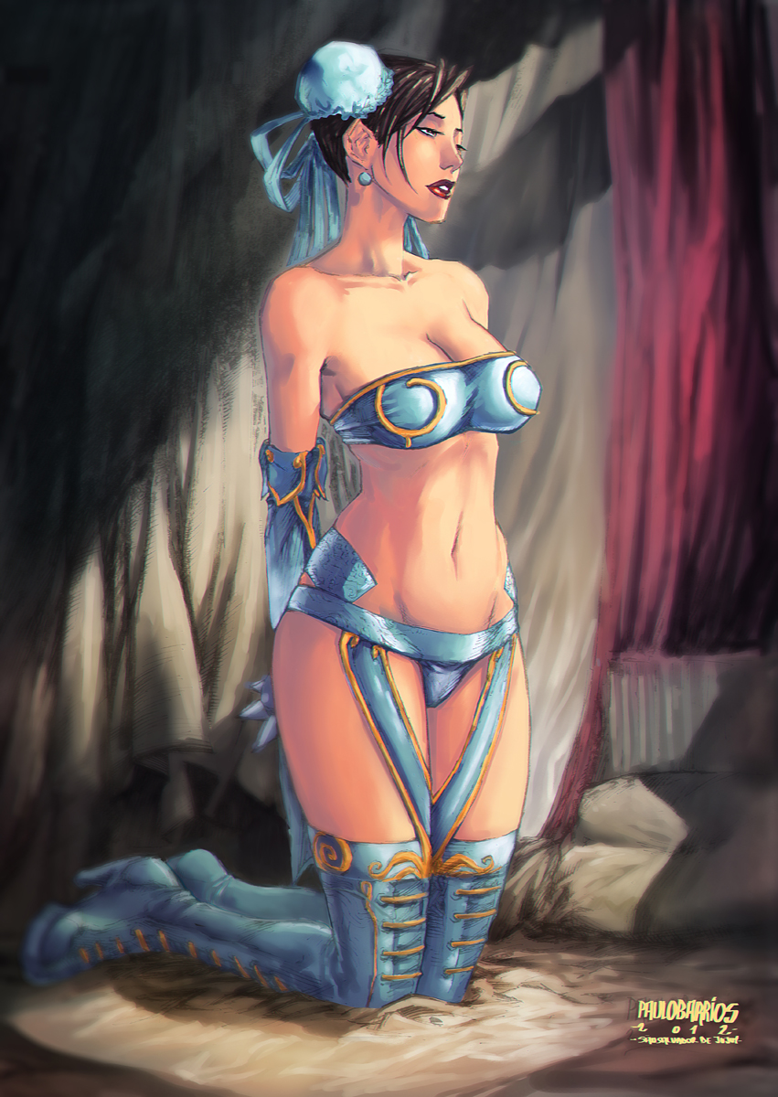 2012, alternate costume, bandeau, black hair, boots, bun cover, capcom, chun-li, cleavage, earrings, elbow gloves, female, gloves, hair bun, high heels, kneeling, lipstick, navel, panties, paulo barrios, strapless, street fighter, thigh boots