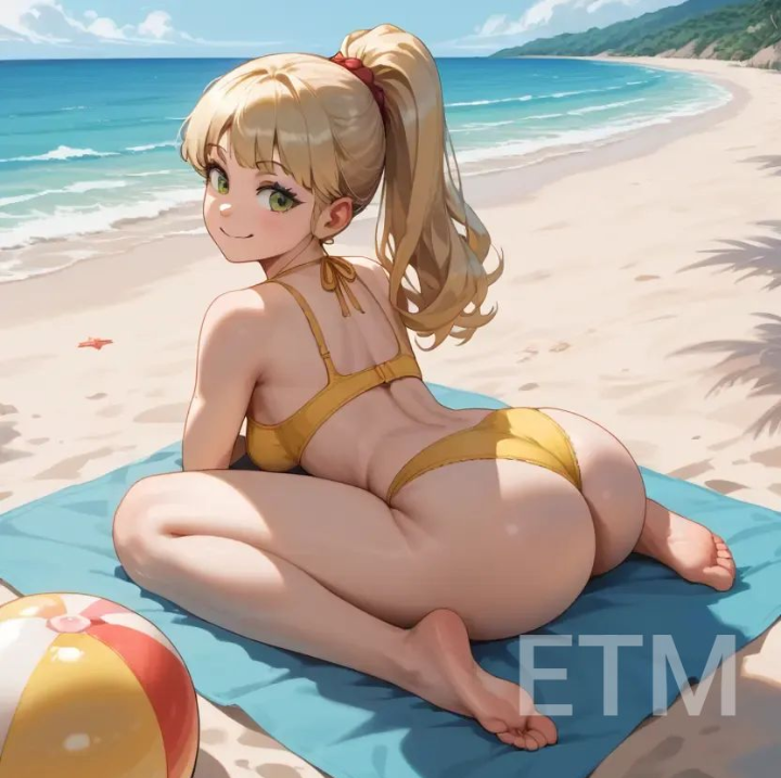 ai_generated ass ass_focus ass_shake beach beach_background blonde_female blonde_hair female female_focus female_only girls_only little_girl sitting sitting_in_sand sitting_on_towel yellow_bikini yellow_panties yellow_top young younger_female