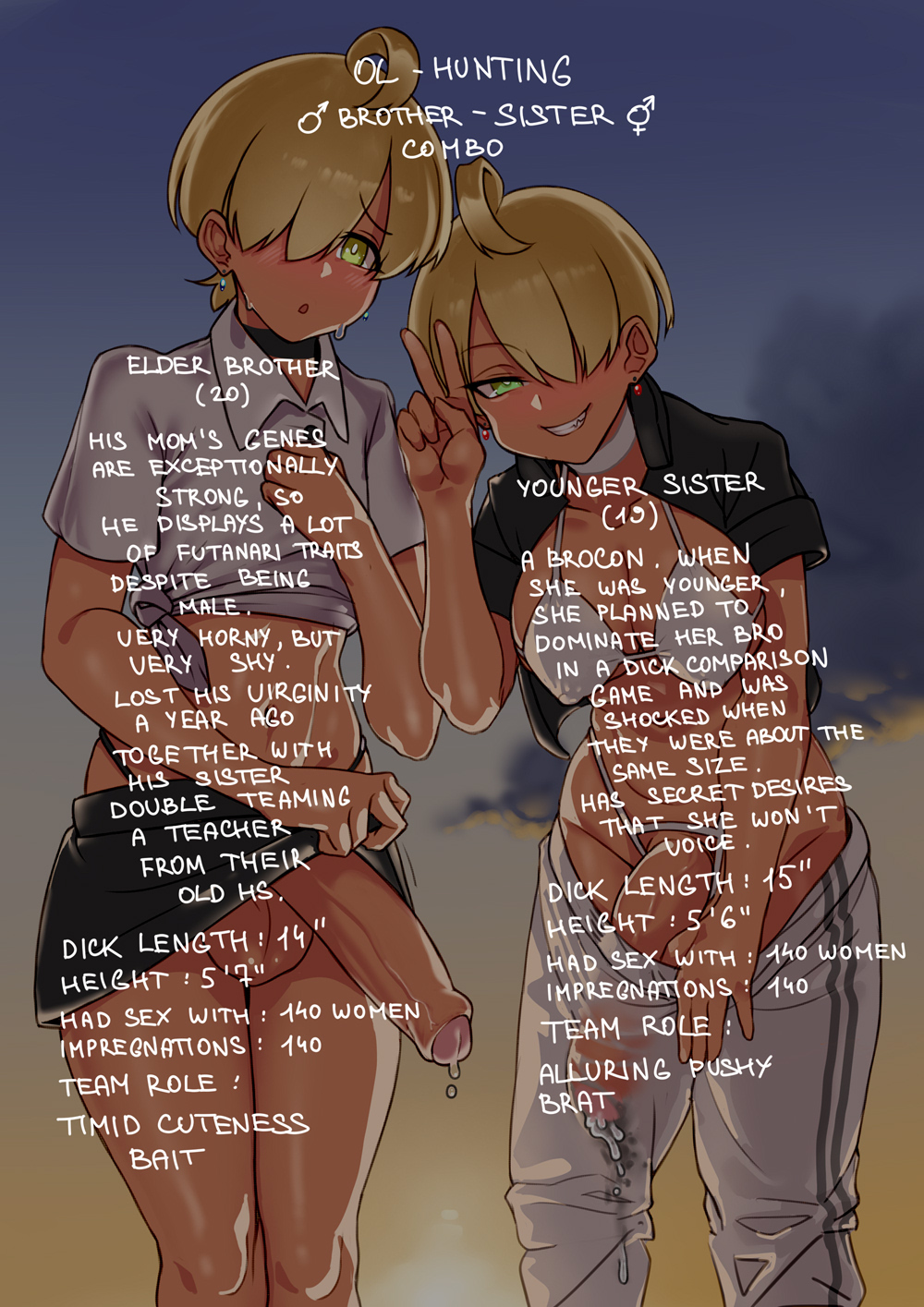1boy 1futa balls big_penis blonde_hair breasts brother_and_sister clothed clothing crossdressing dickgirl erection femboy futanari green_eyes huge_cock human hung_femboy hung_trap inviting_to_sex male mostly_clothed partially_retracted_foreskin penis precum secunduspublius short_hair siblings smooth_balls smooth_penis standing tan tan-skinned_femboy tan-skinned_futanari twins uncircumcised uncut yellow_eyes