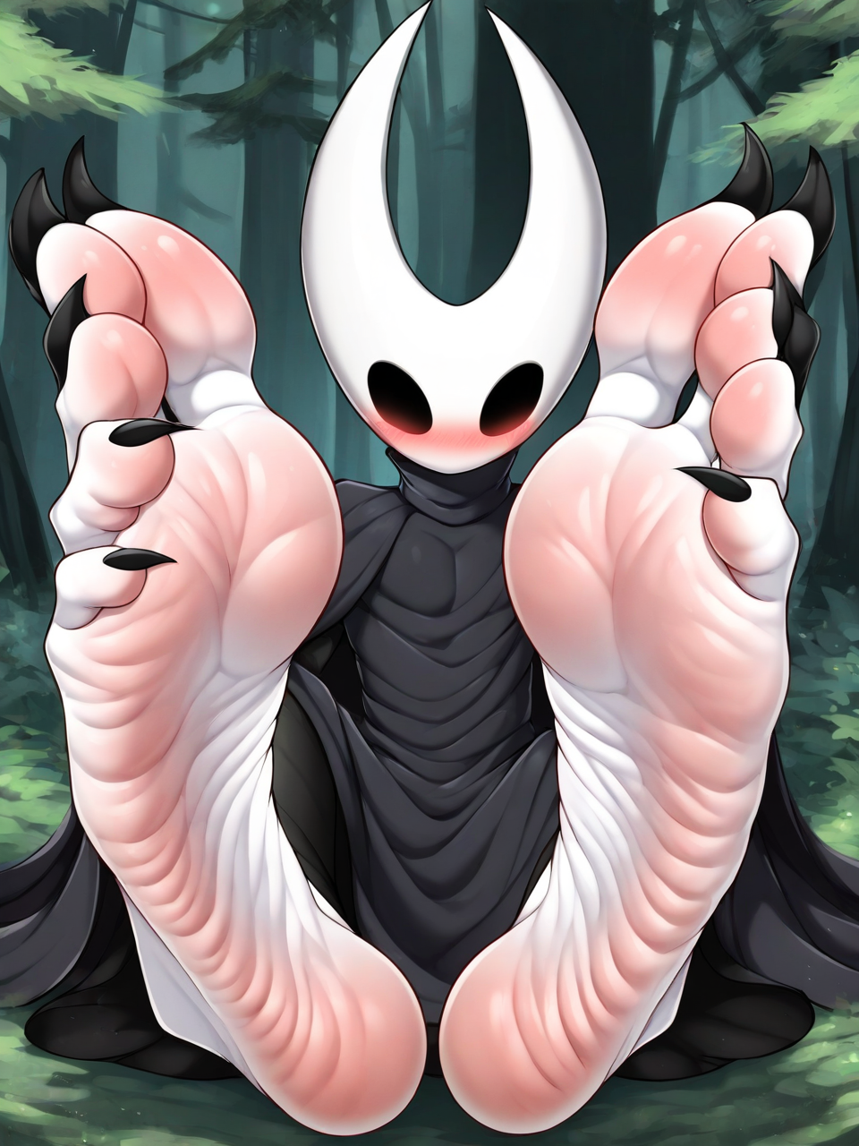 ai_generated black_body black_toenails feet feet_focus foot_fetish forest_background fuealahomg hollow_knight hornet_(hollow_knight) insects muscles pink_soles shy soles spread_legs spread_toes toenails toes wrinkled_feet wrinkled_soles