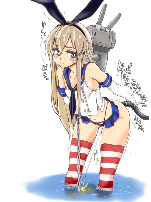 black_panties blue_eyes blush brown_hair chains elbow_gloves female gloves hairband kantai_collection long_hair navel ozawa_reido panties partially_submerged peeing personification rensouhou-chan shimakaze_(kantai_collection) skirt solo striped striped_legwear thighhighs underwear water